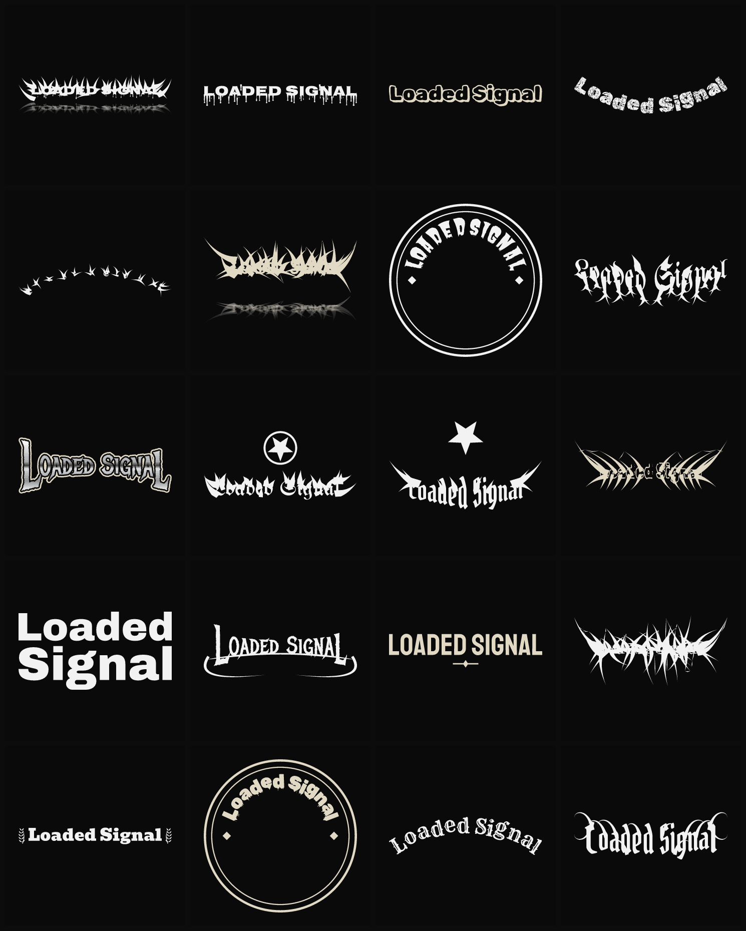 Twenty Loaded Signal band logo ideas — different faces, treatments and spike settings