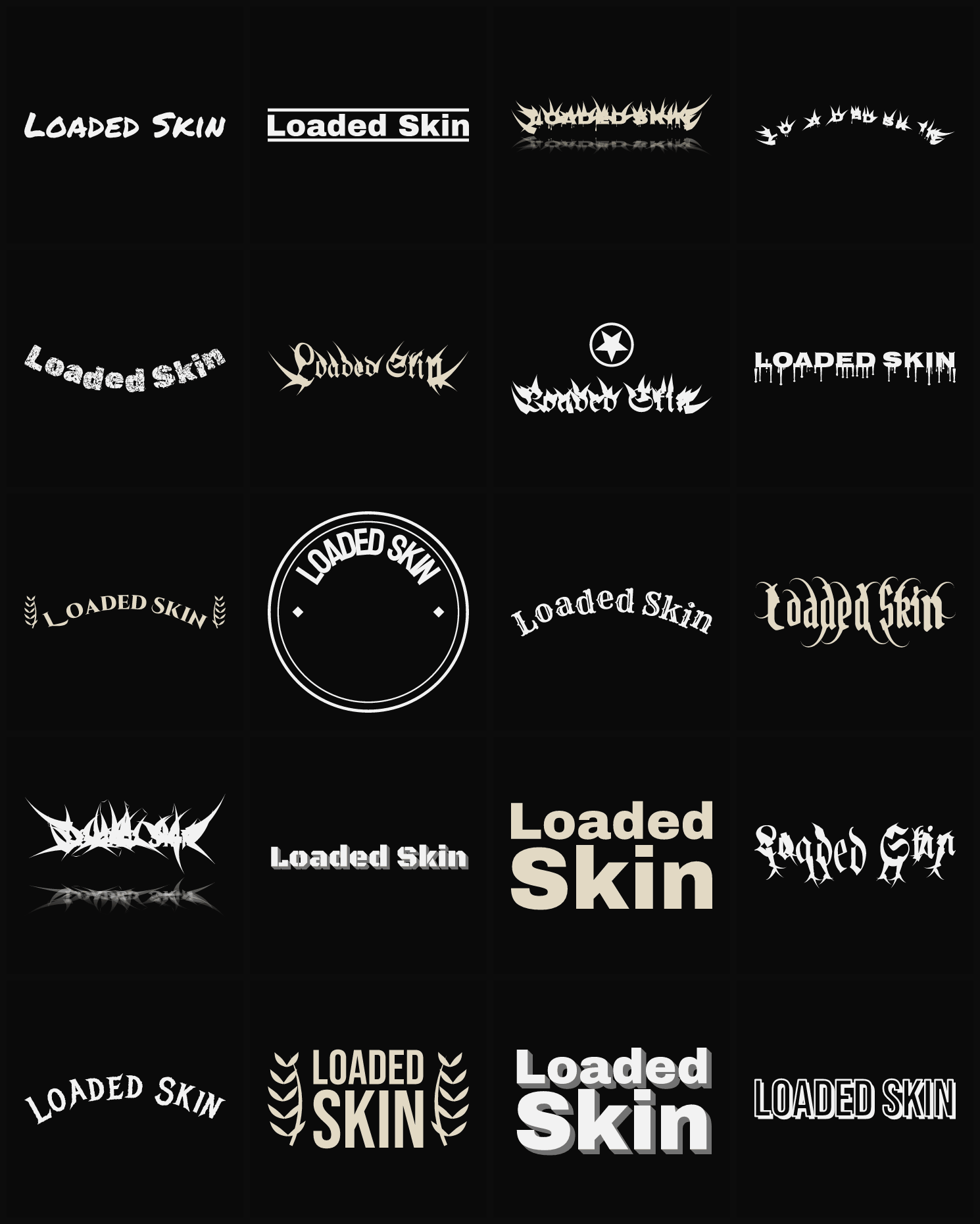 Twenty Loaded Skin band logo ideas — different faces, treatments and spike settings