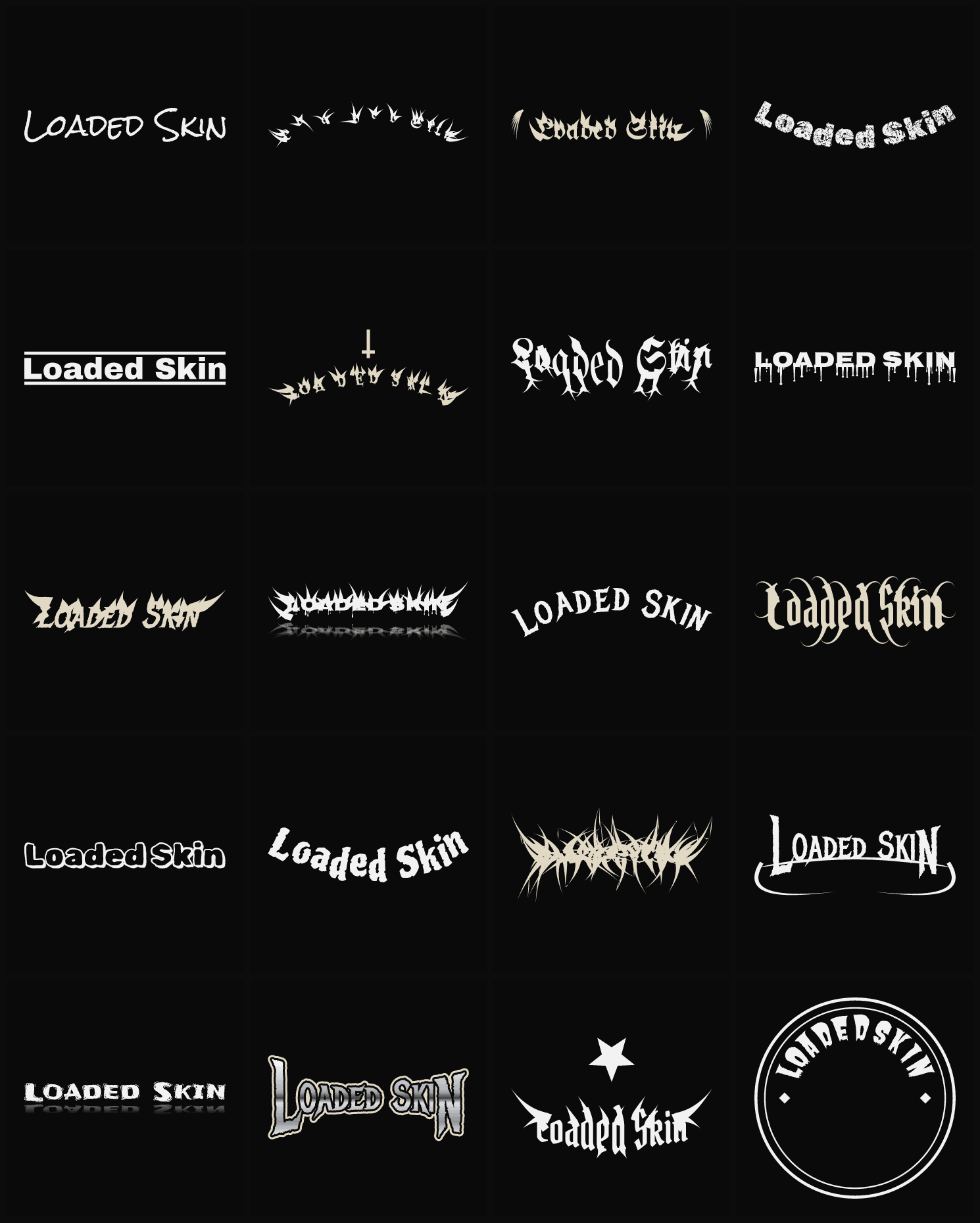 Twenty Loaded Skin band logo ideas — different faces, treatments and spike settings