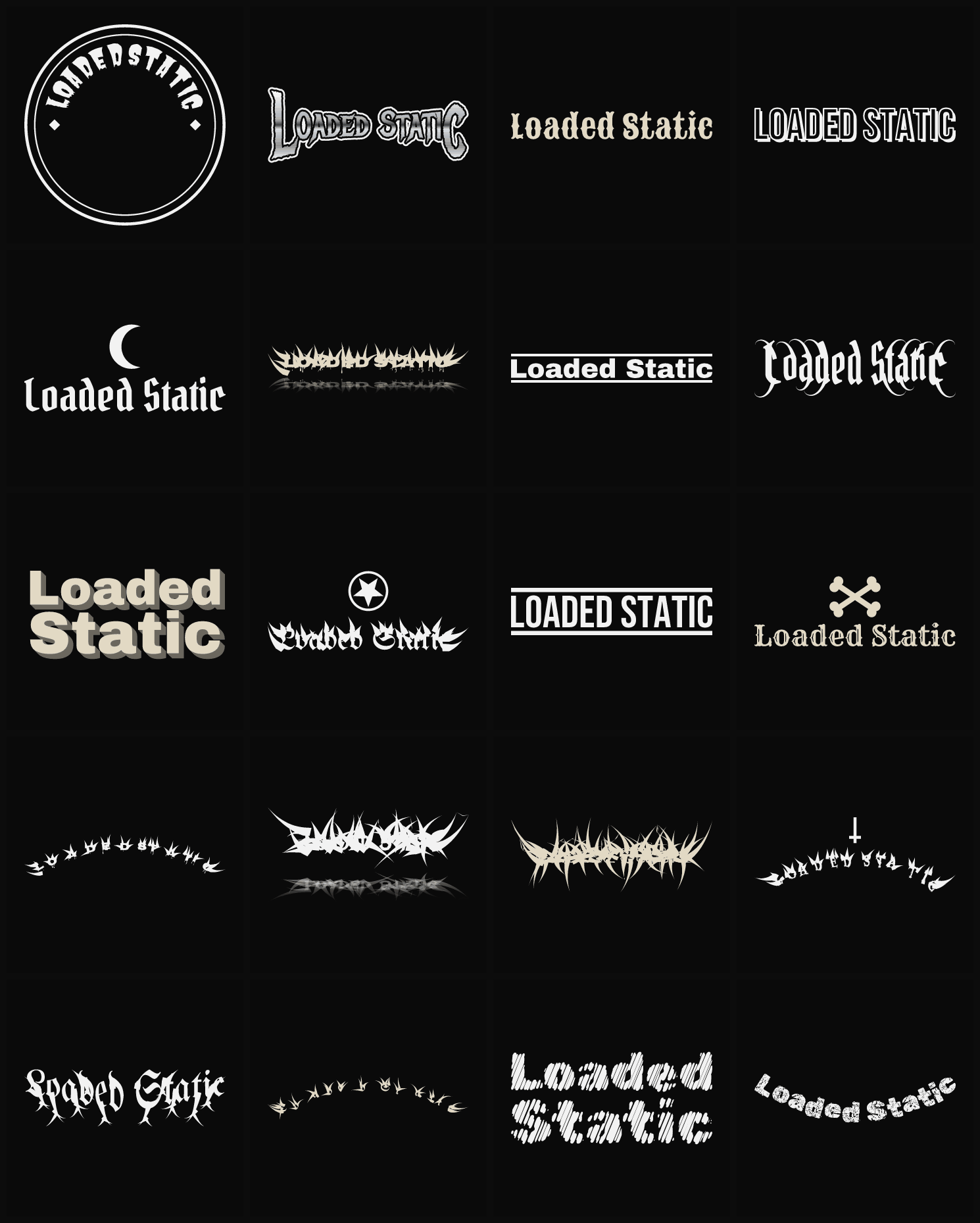 Twenty Loaded Static band logo ideas — different faces, treatments and spike settings