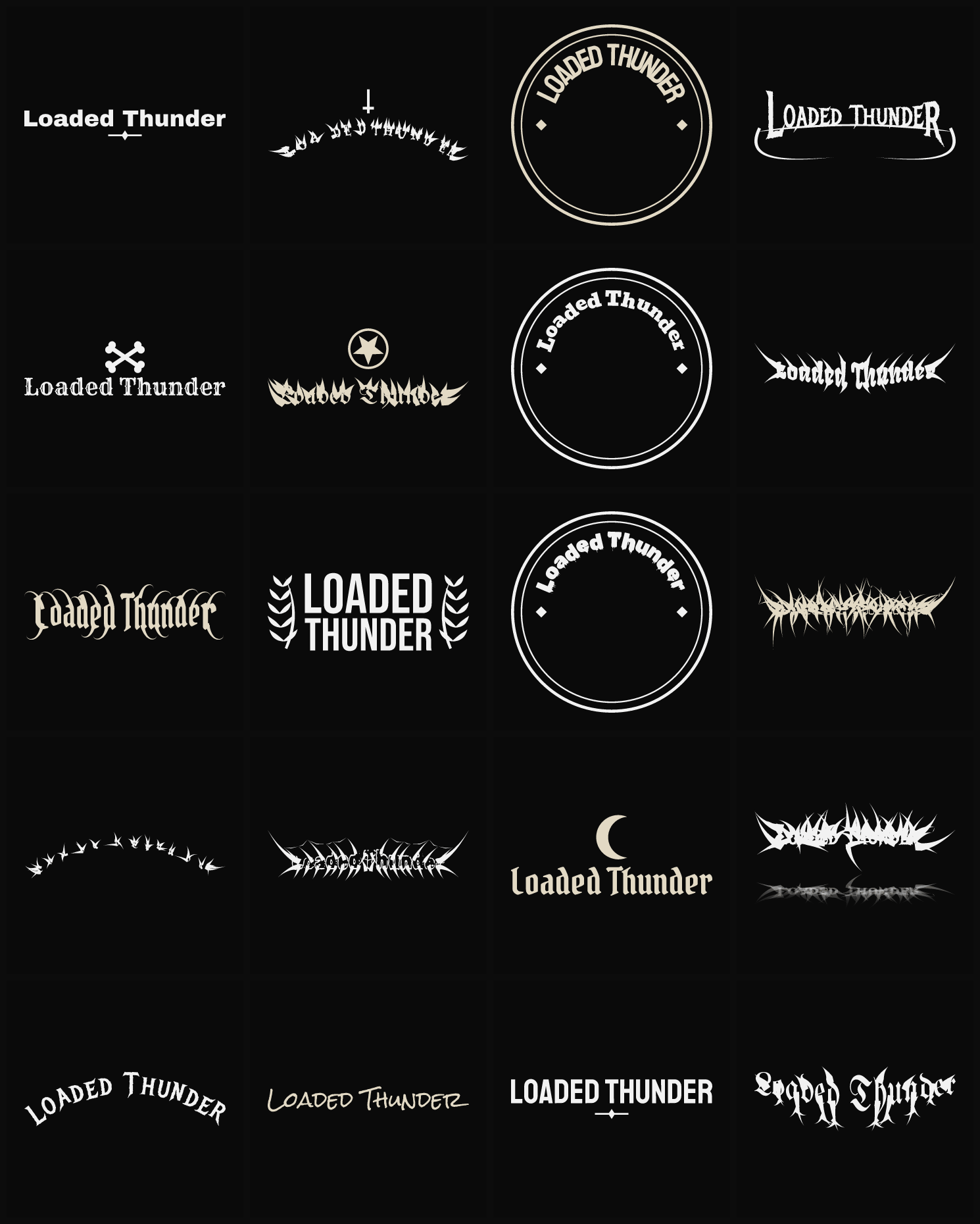 Twenty Loaded Thunder band logo ideas — different faces, treatments and spike settings