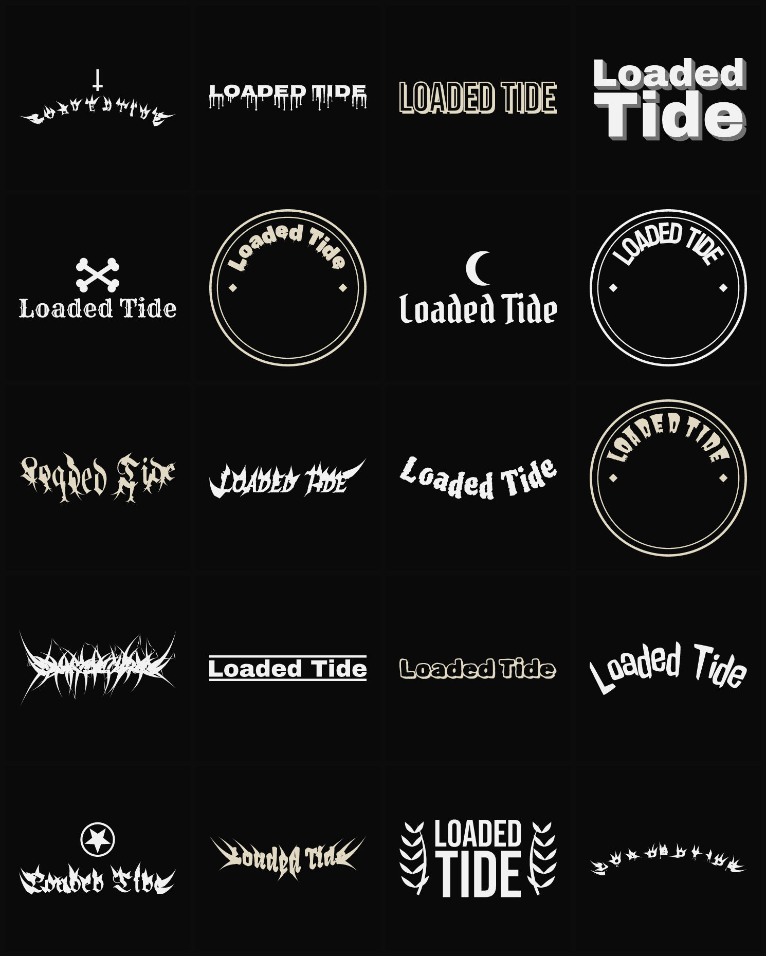Twenty Loaded Tide band logo ideas — different faces, treatments and spike settings