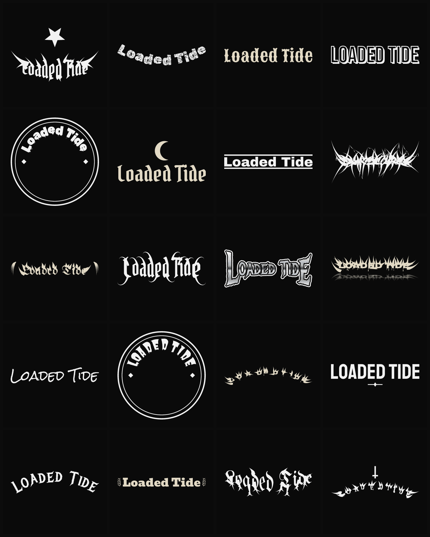 Twenty Loaded Tide band logo ideas — different faces, treatments and spike settings