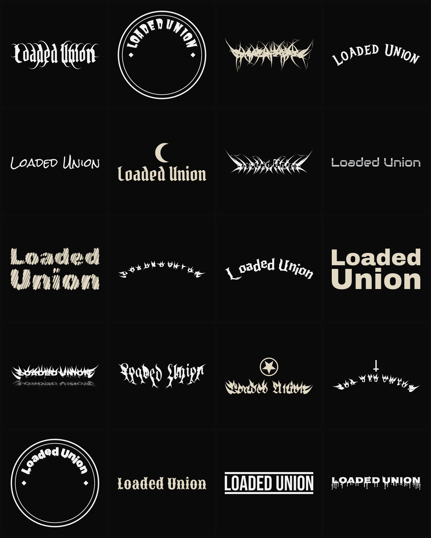 Twenty Loaded Union band logo ideas — different faces, treatments and spike settings