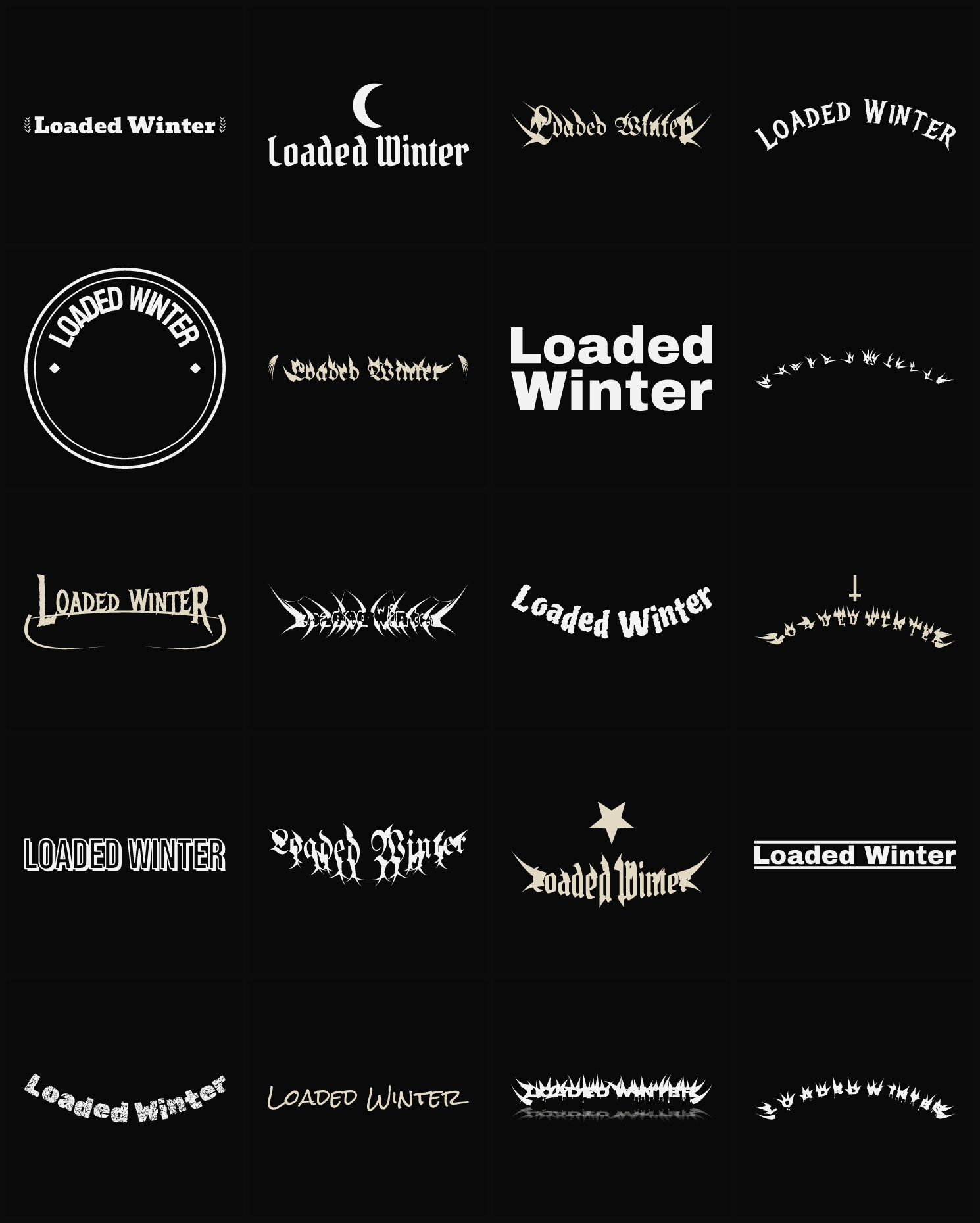 Twenty Loaded Winter band logo ideas — different faces, treatments and spike settings