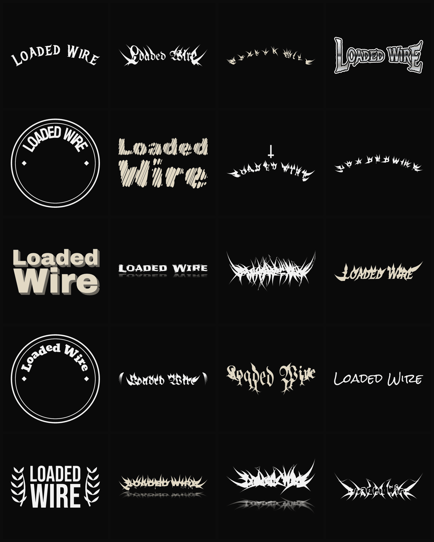 Twenty Loaded Wire band logo ideas — different faces, treatments and spike settings