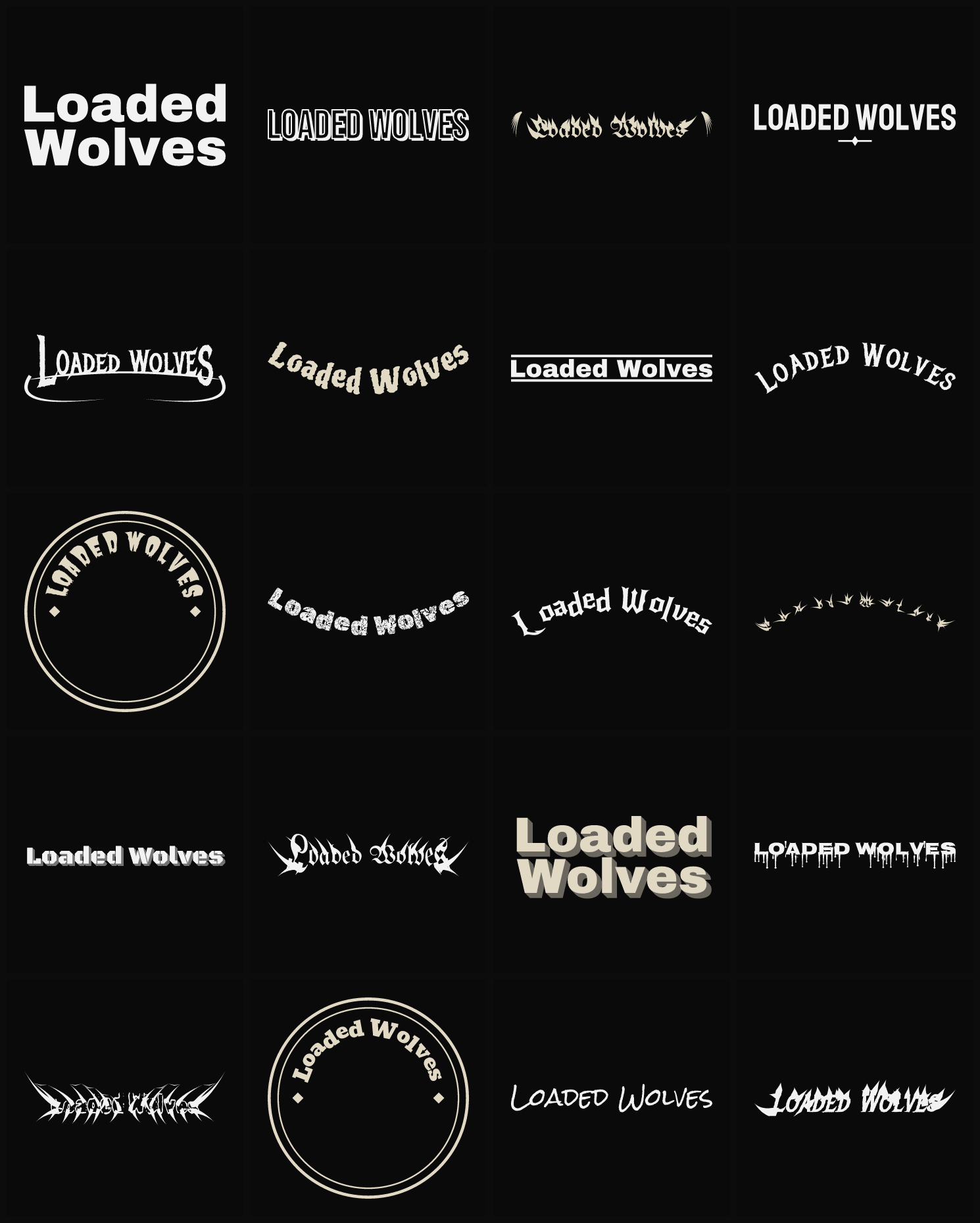 Twenty Loaded Wolves band logo ideas — different faces, treatments and spike settings