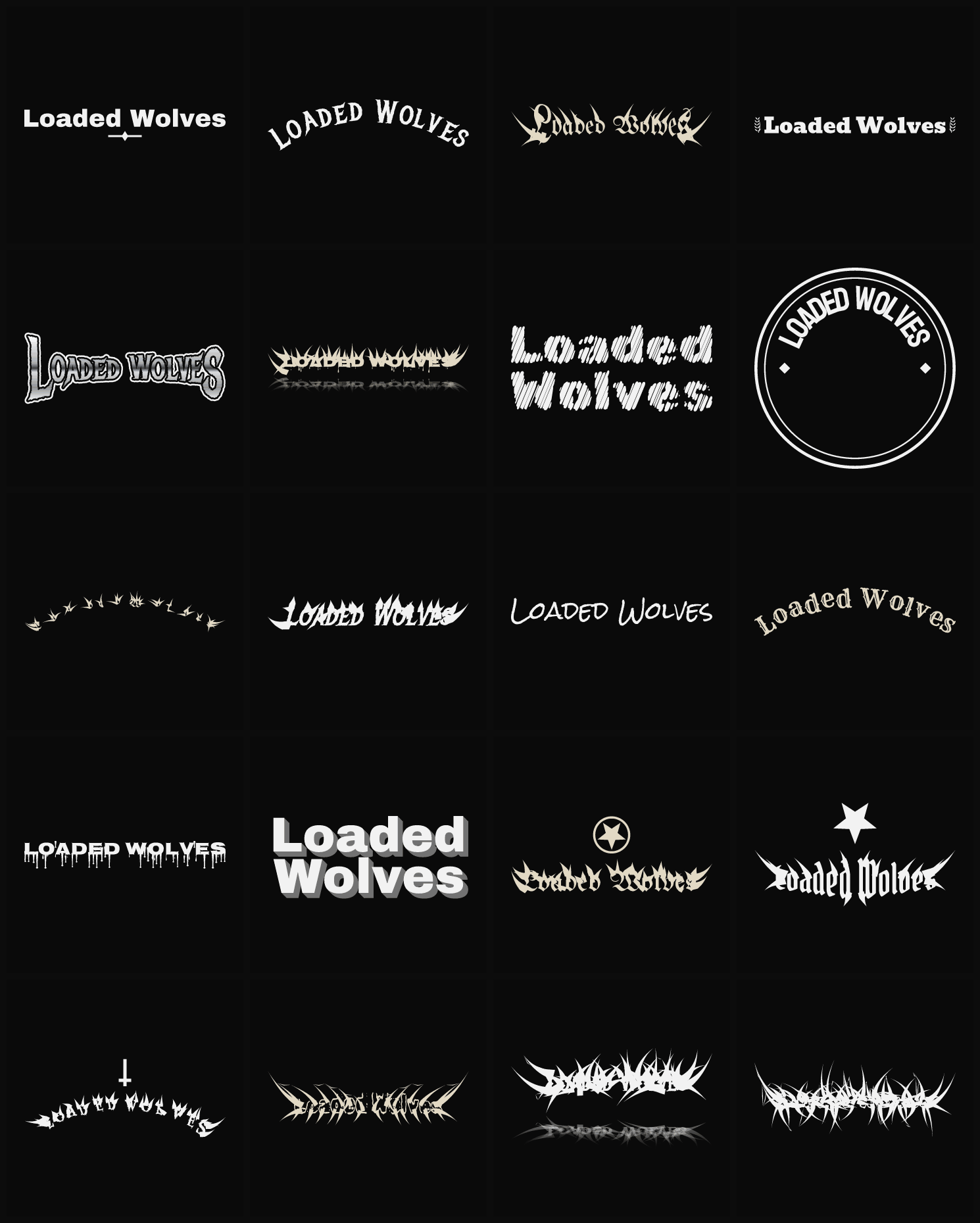 Twenty Loaded Wolves band logo ideas — different faces, treatments and spike settings