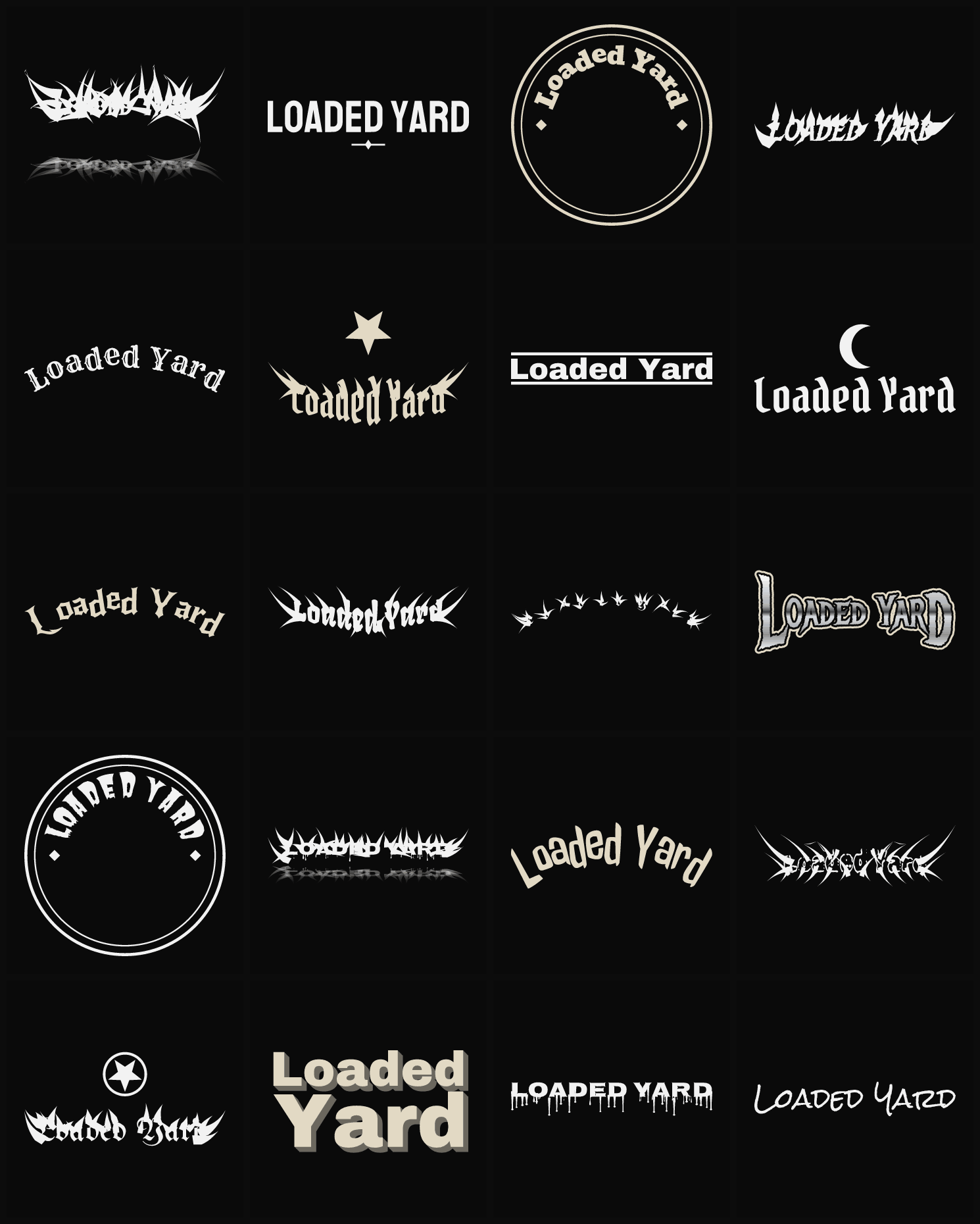 Twenty Loaded Yard band logo ideas — different faces, treatments and spike settings