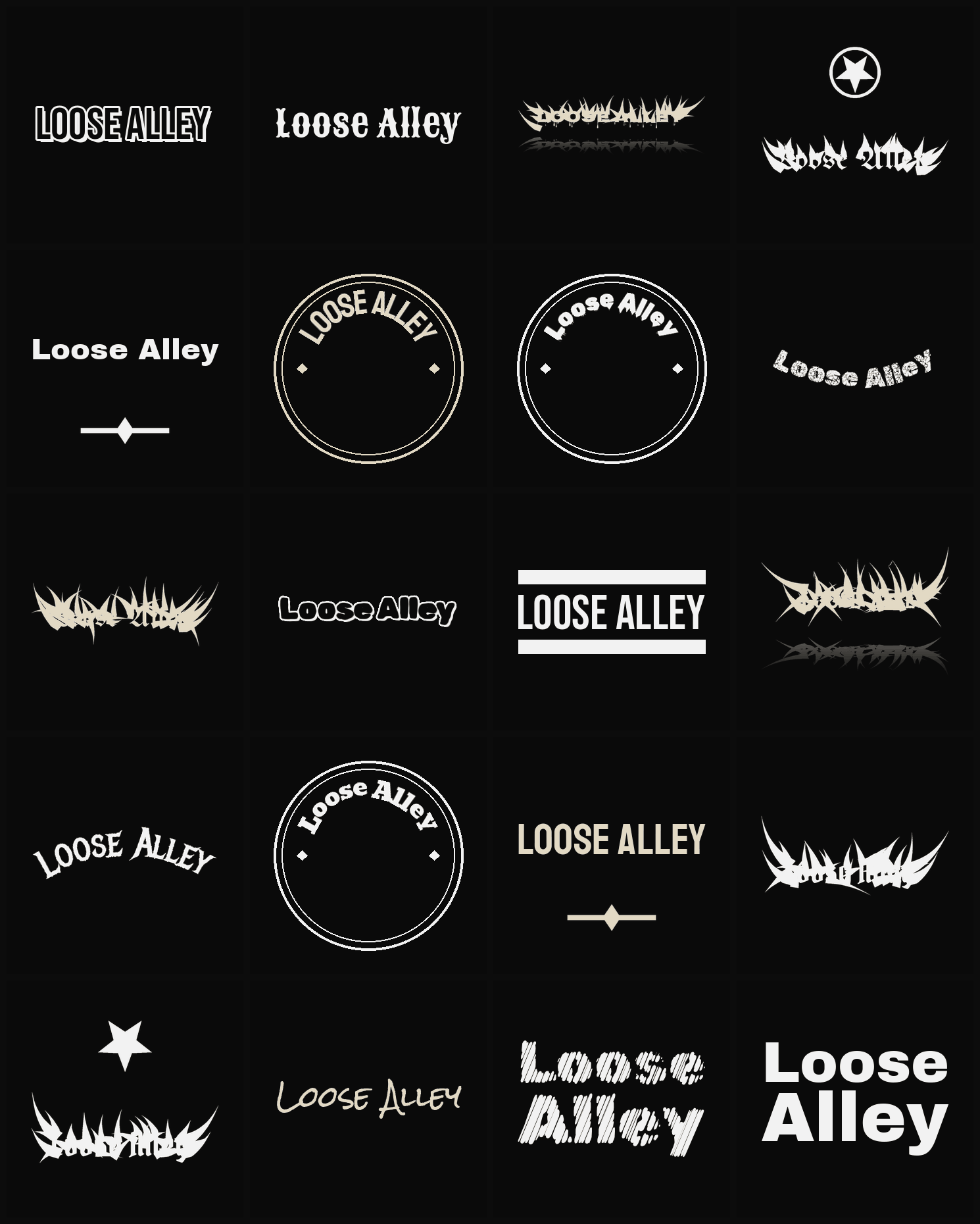 Twenty Loose Alley band logo ideas — different faces, treatments and spike settings