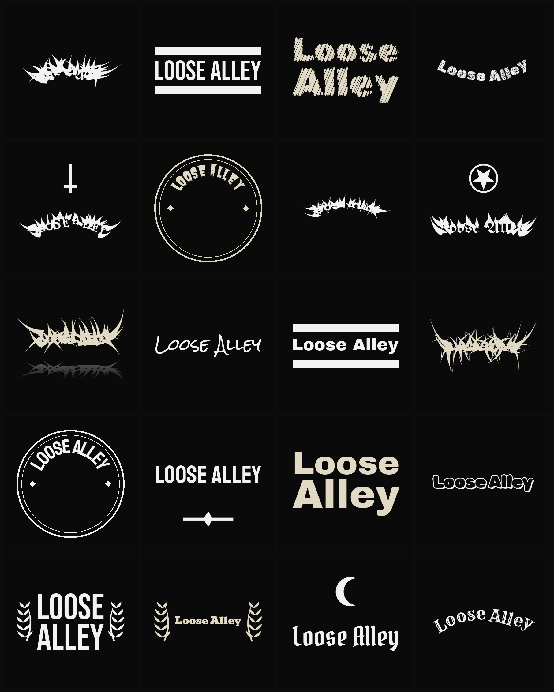 Twenty Loose Alley band logo ideas — different faces, treatments and spike settings