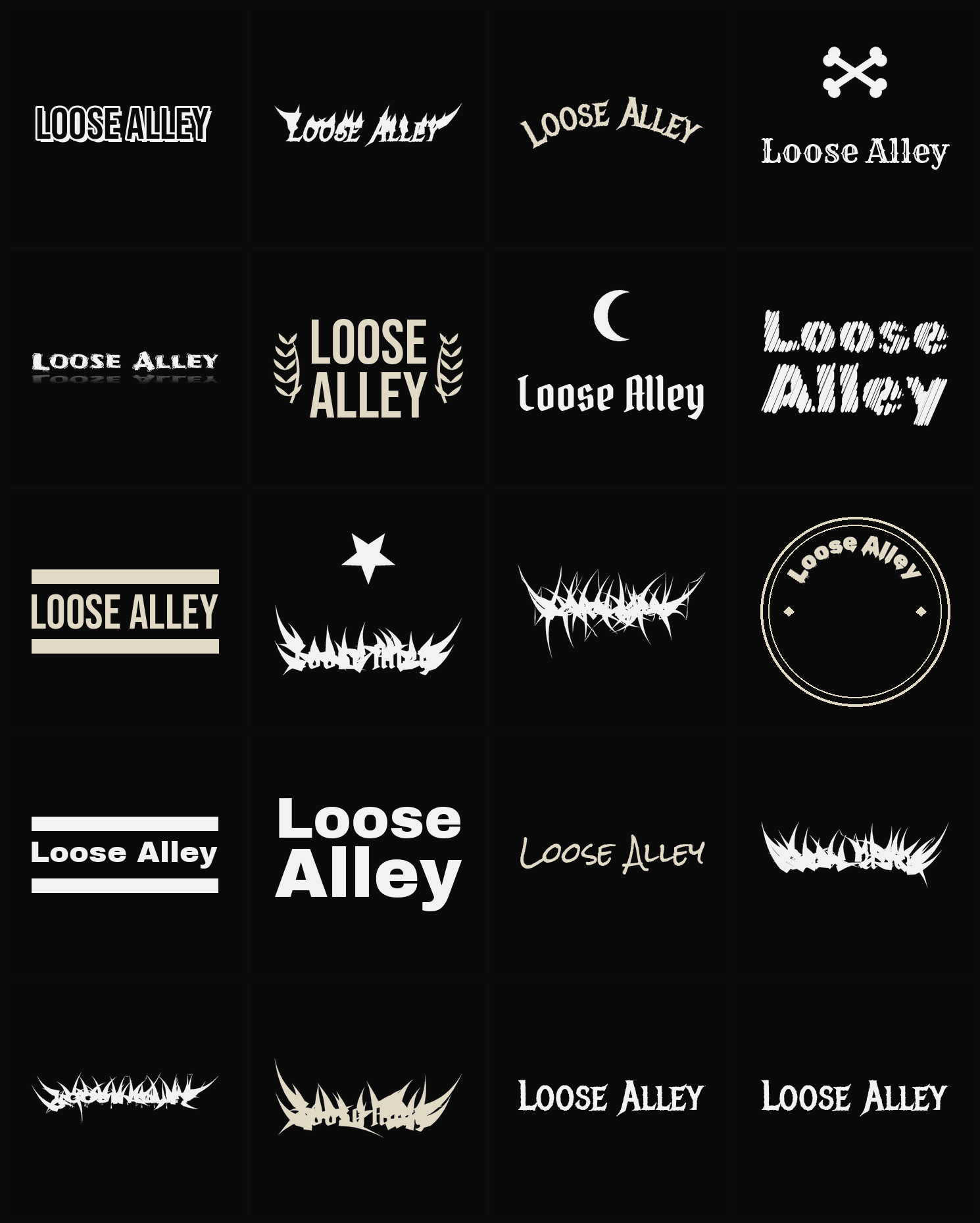 Twenty Loose Alley band logo ideas — different faces, treatments and spike settings