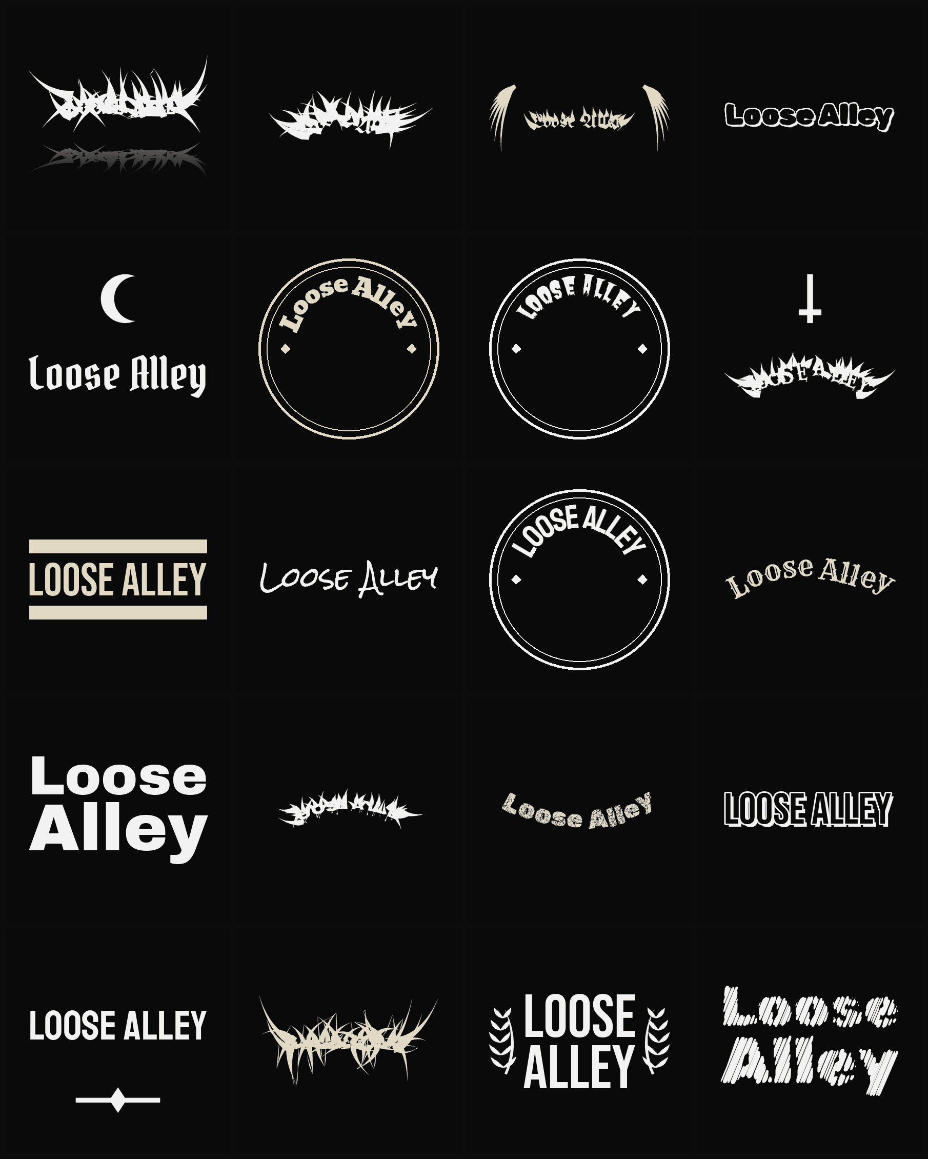 Twenty Loose Alley band logo ideas — different faces, treatments and spike settings