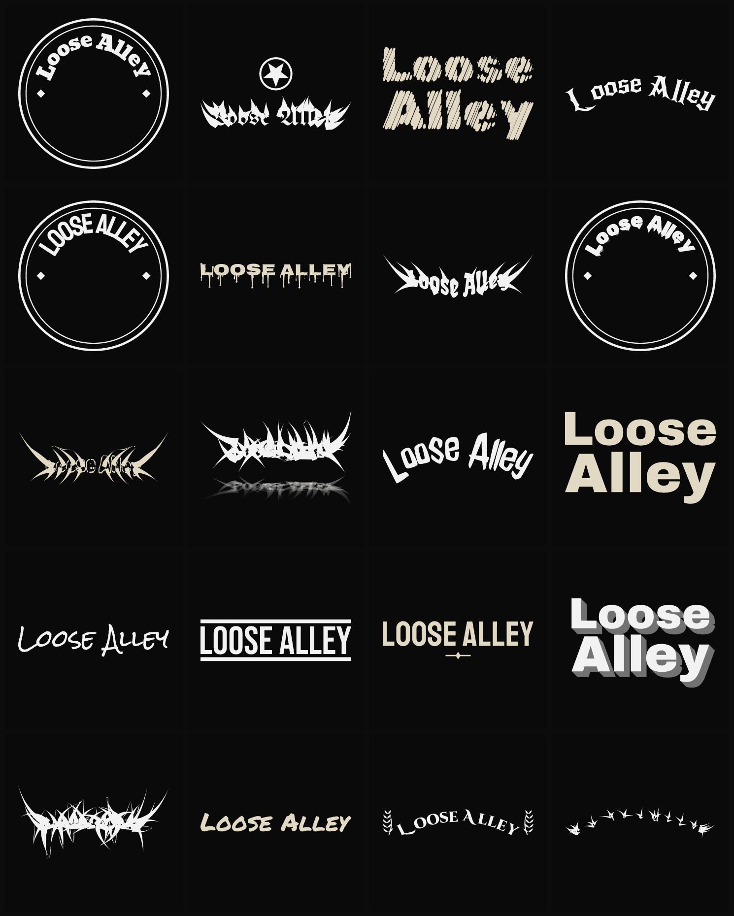 Twenty Loose Alley band logo ideas — different faces, treatments and spike settings