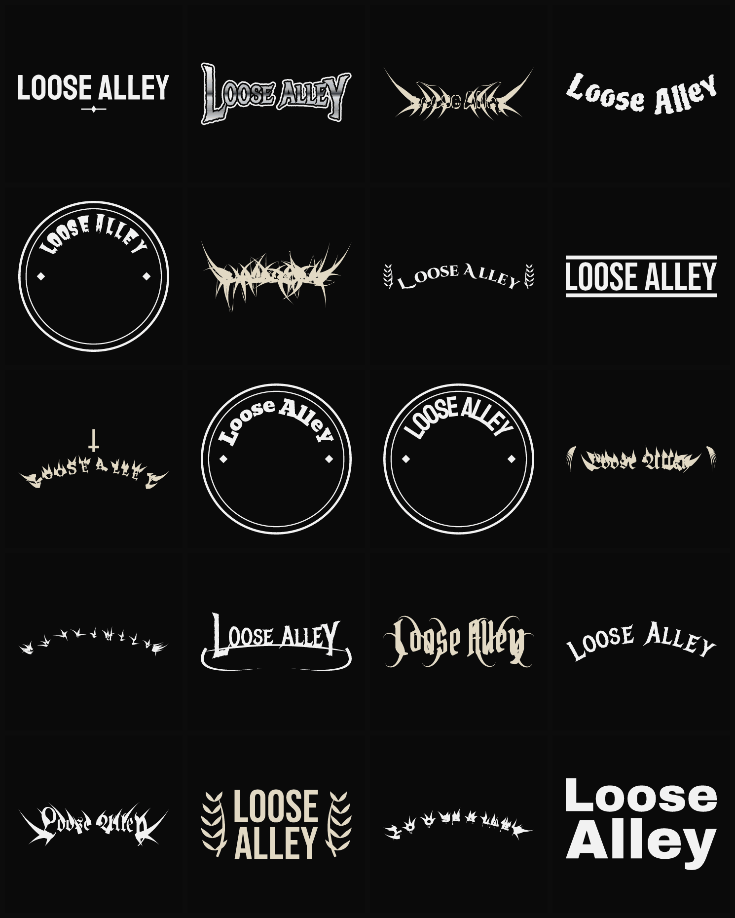 Twenty Loose Alley band logo ideas — different faces, treatments and spike settings