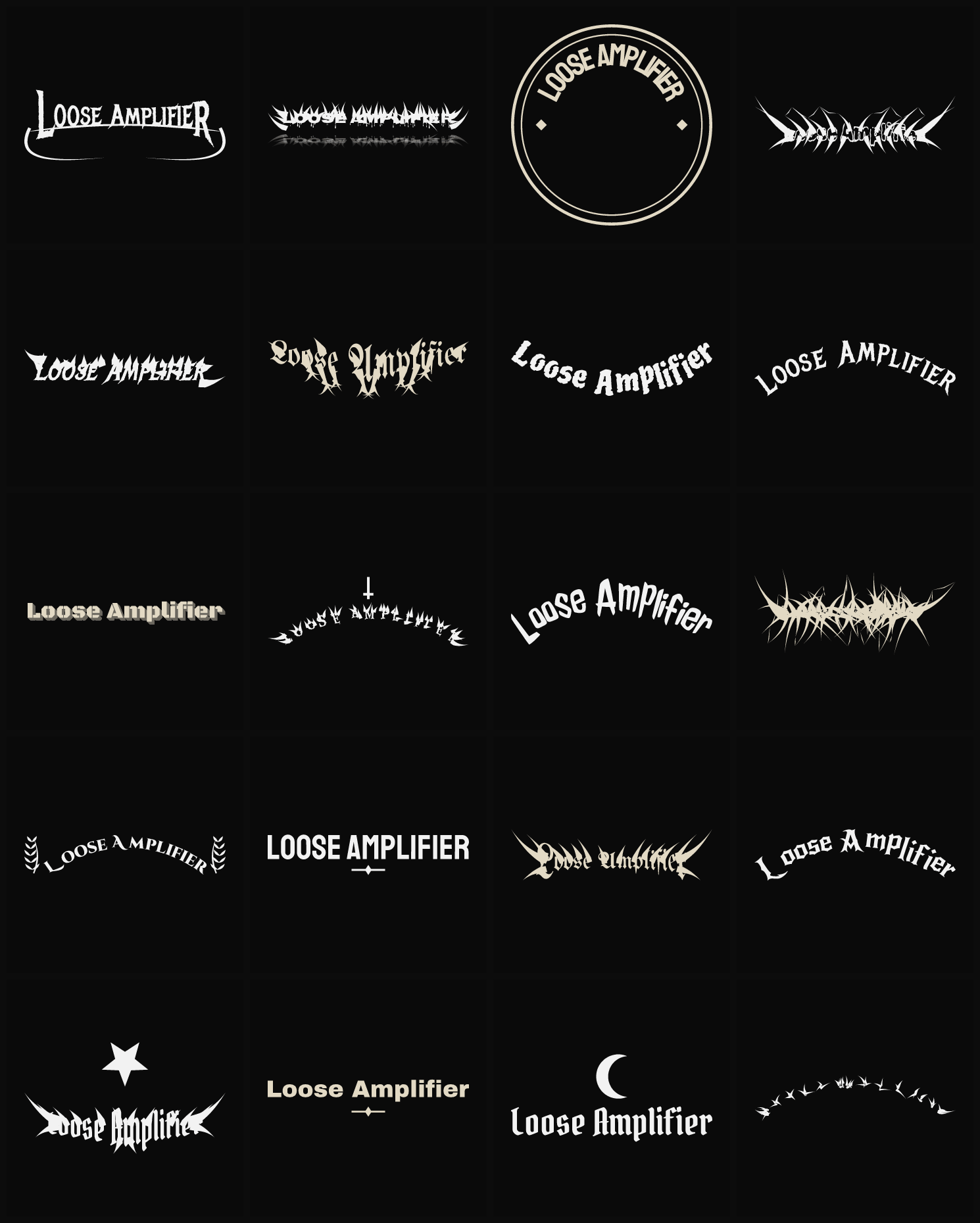 Twenty Loose Amplifier band logo ideas — different faces, treatments and spike settings