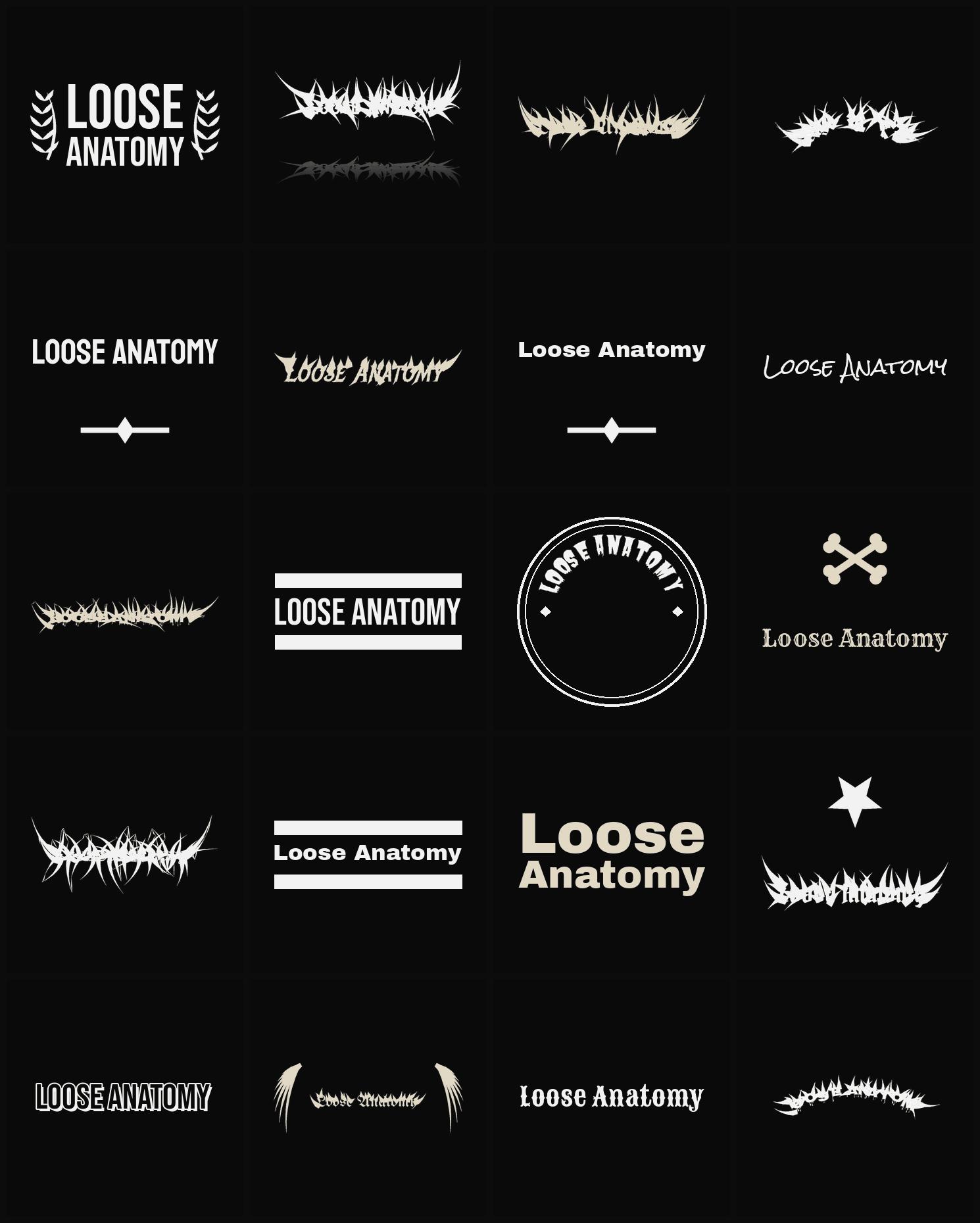 Twenty Loose Anatomy band logo ideas — different faces, treatments and spike settings