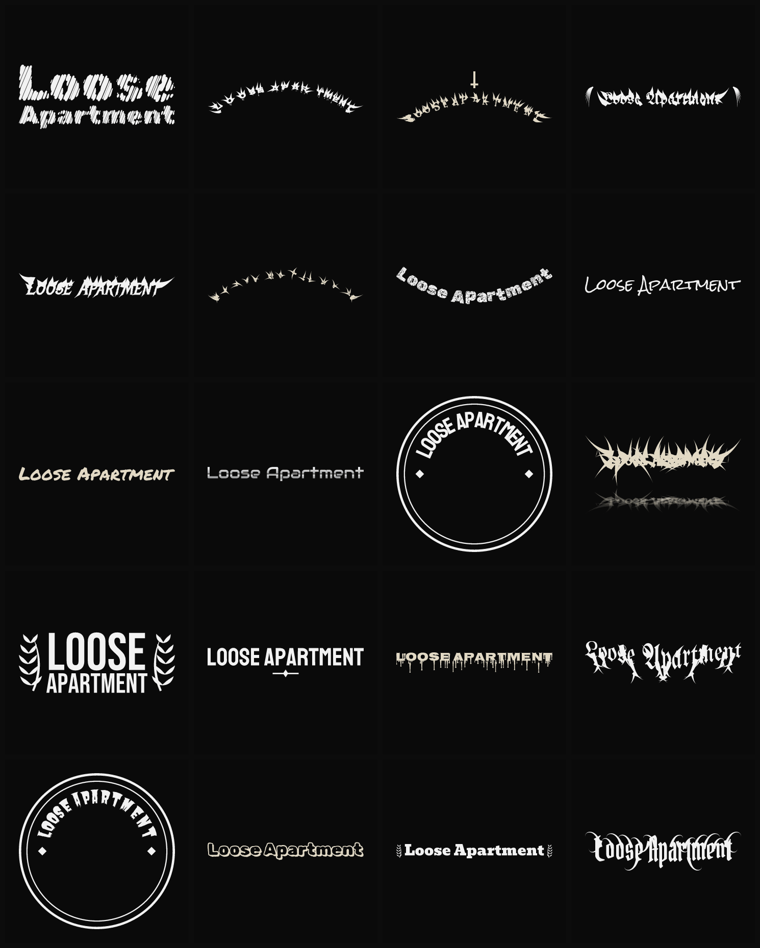 Twenty Loose Apartment band logo ideas — different faces, treatments and spike settings