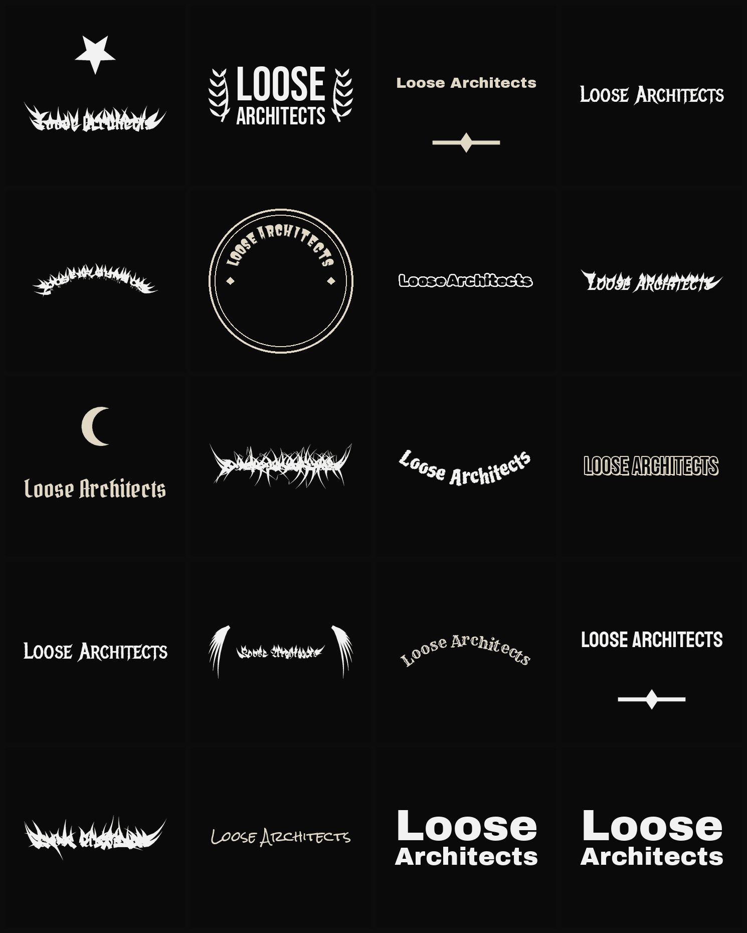 Twenty Loose Architects band logo ideas — different faces, treatments and spike settings