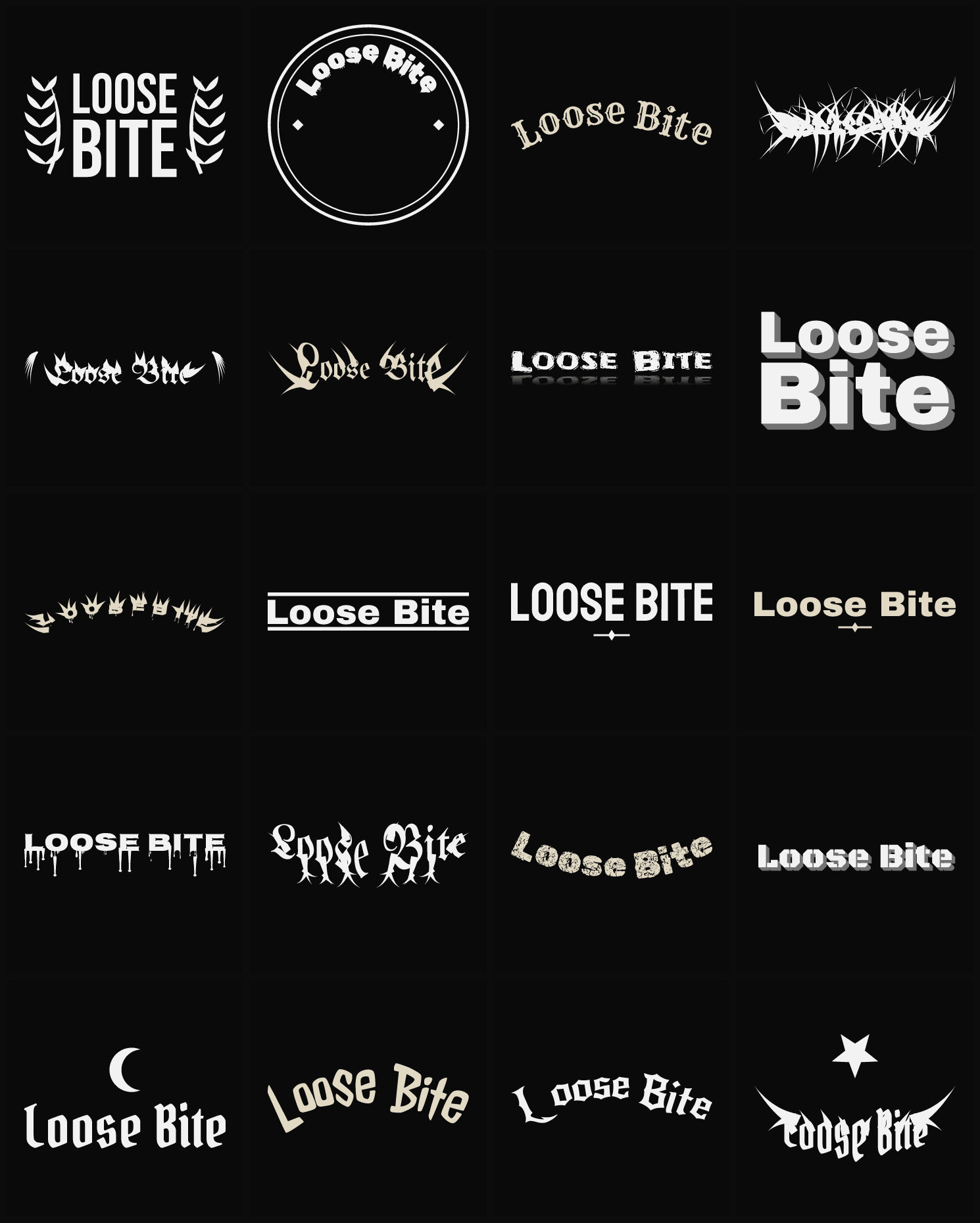 Twenty Loose Bite band logo ideas — different faces, treatments and spike settings