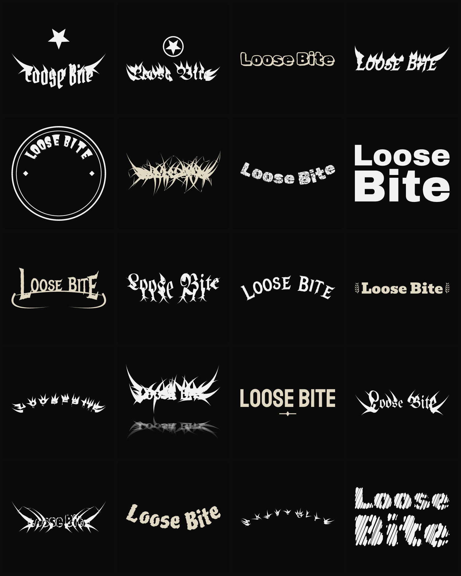 Twenty Loose Bite band logo ideas — different faces, treatments and spike settings