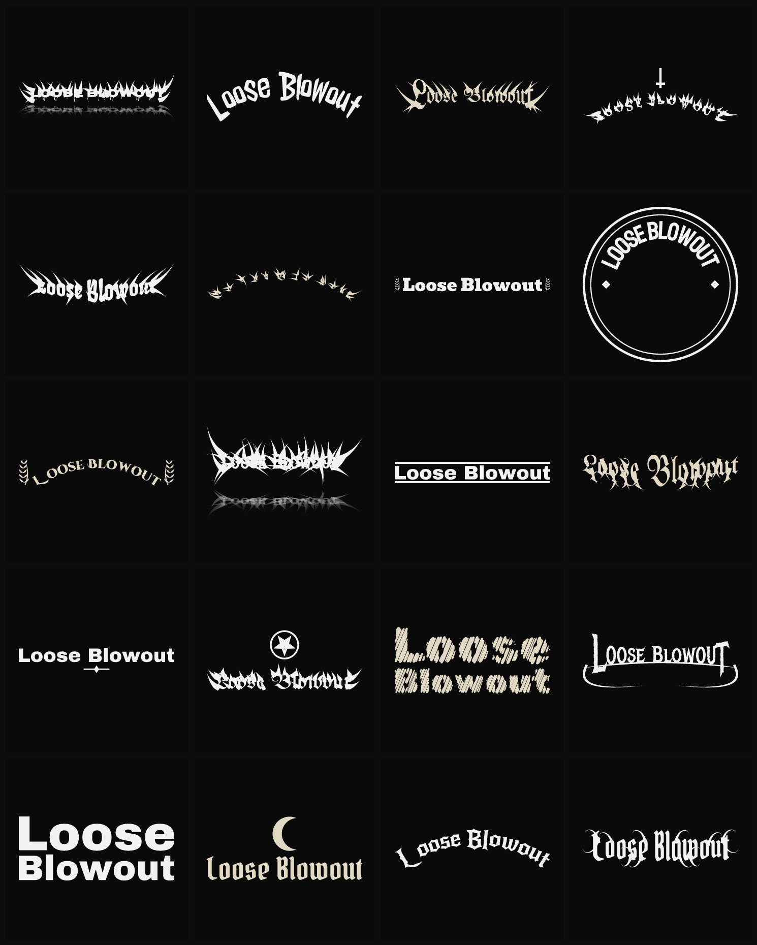 Twenty Loose Blowout band logo ideas — different faces, treatments and spike settings
