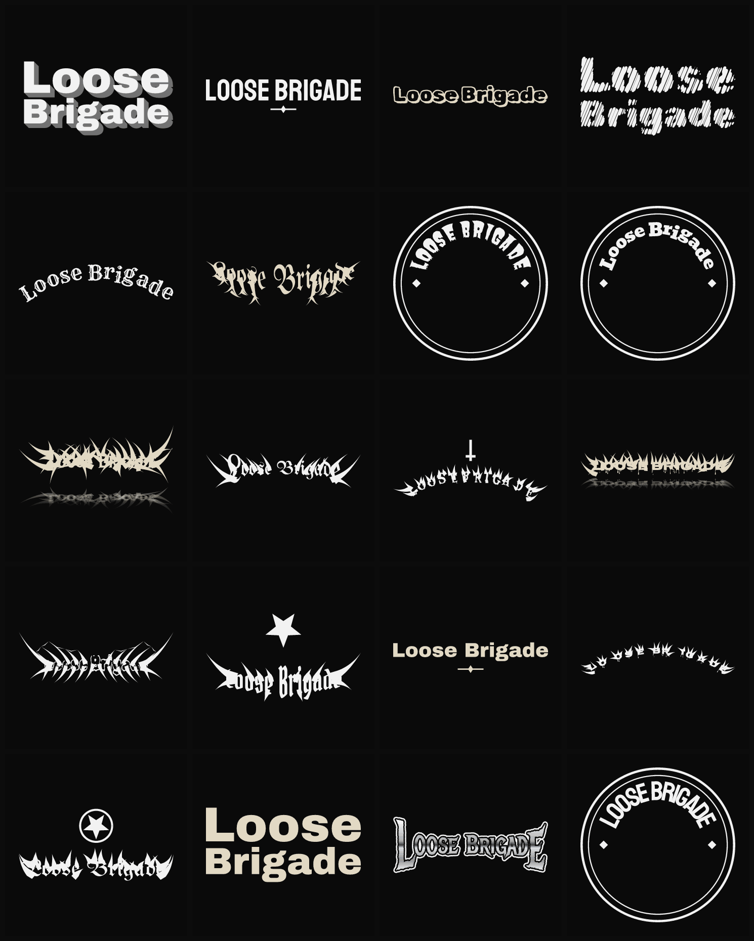 Twenty Loose Brigade band logo ideas — different faces, treatments and spike settings