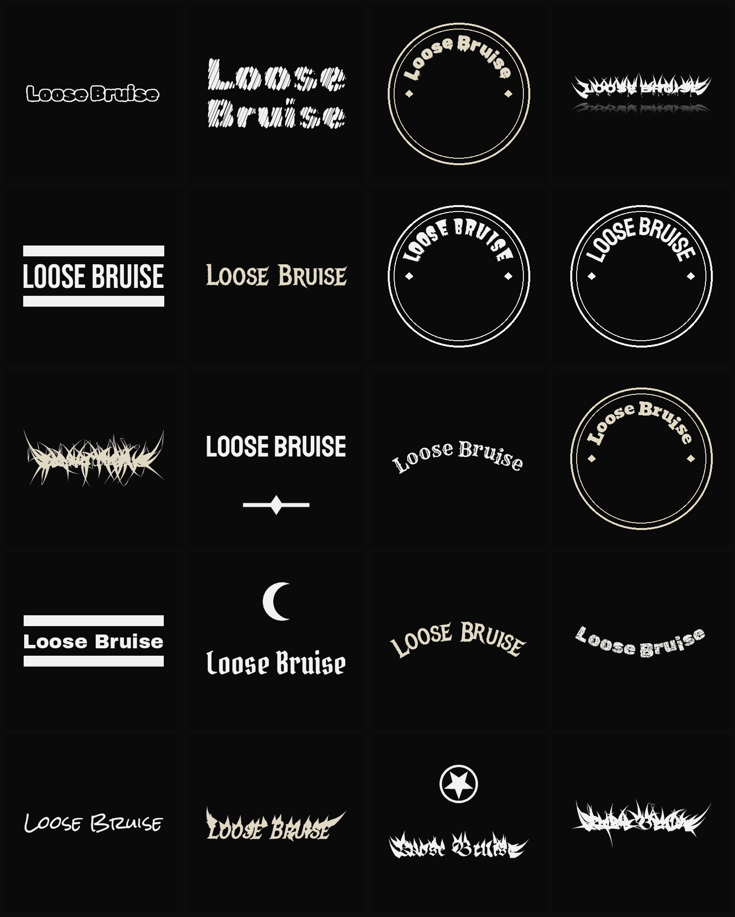 Twenty Loose Bruise band logo ideas — different faces, treatments and spike settings
