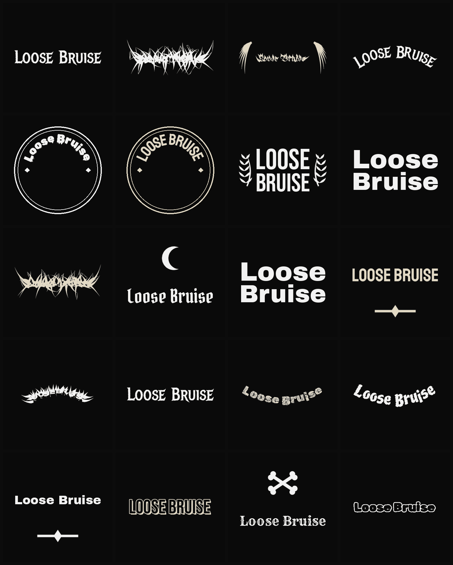 Twenty Loose Bruise band logo ideas — different faces, treatments and spike settings