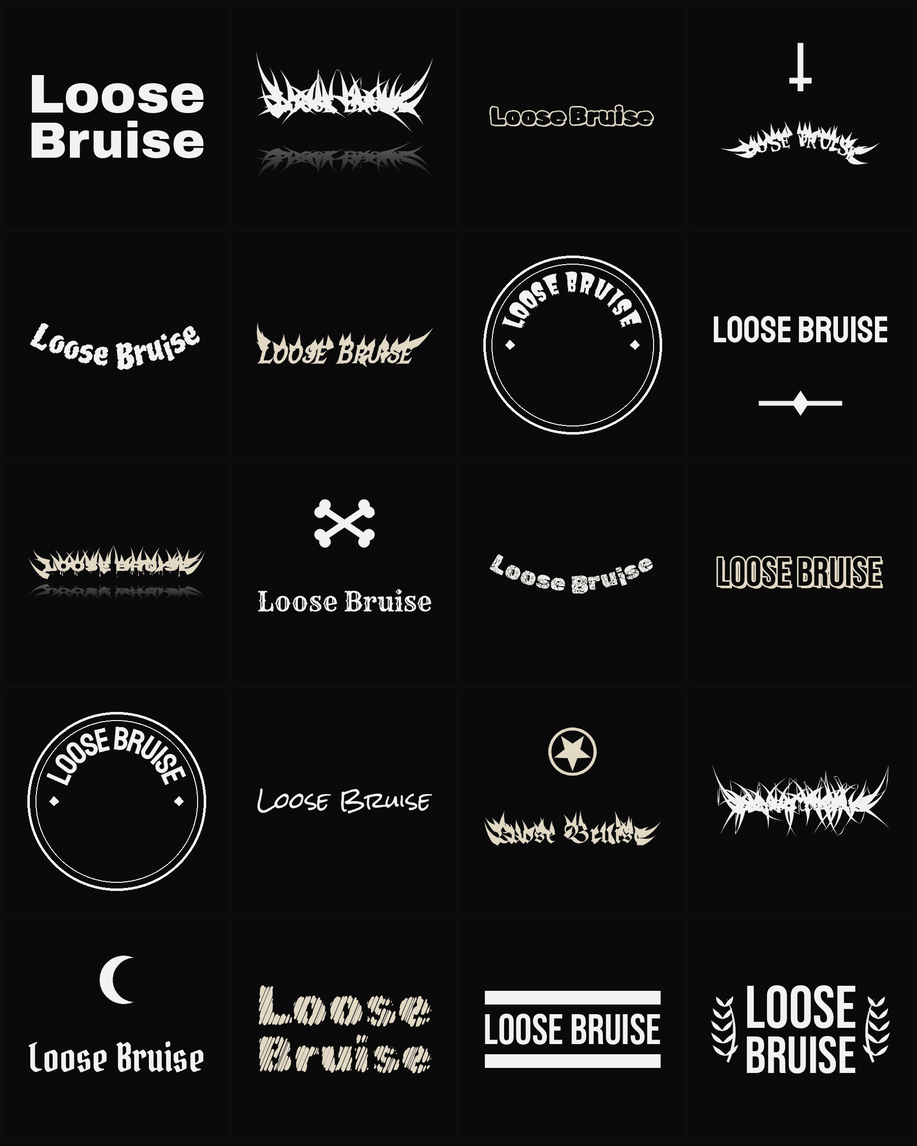 Twenty Loose Bruise band logo ideas — different faces, treatments and spike settings