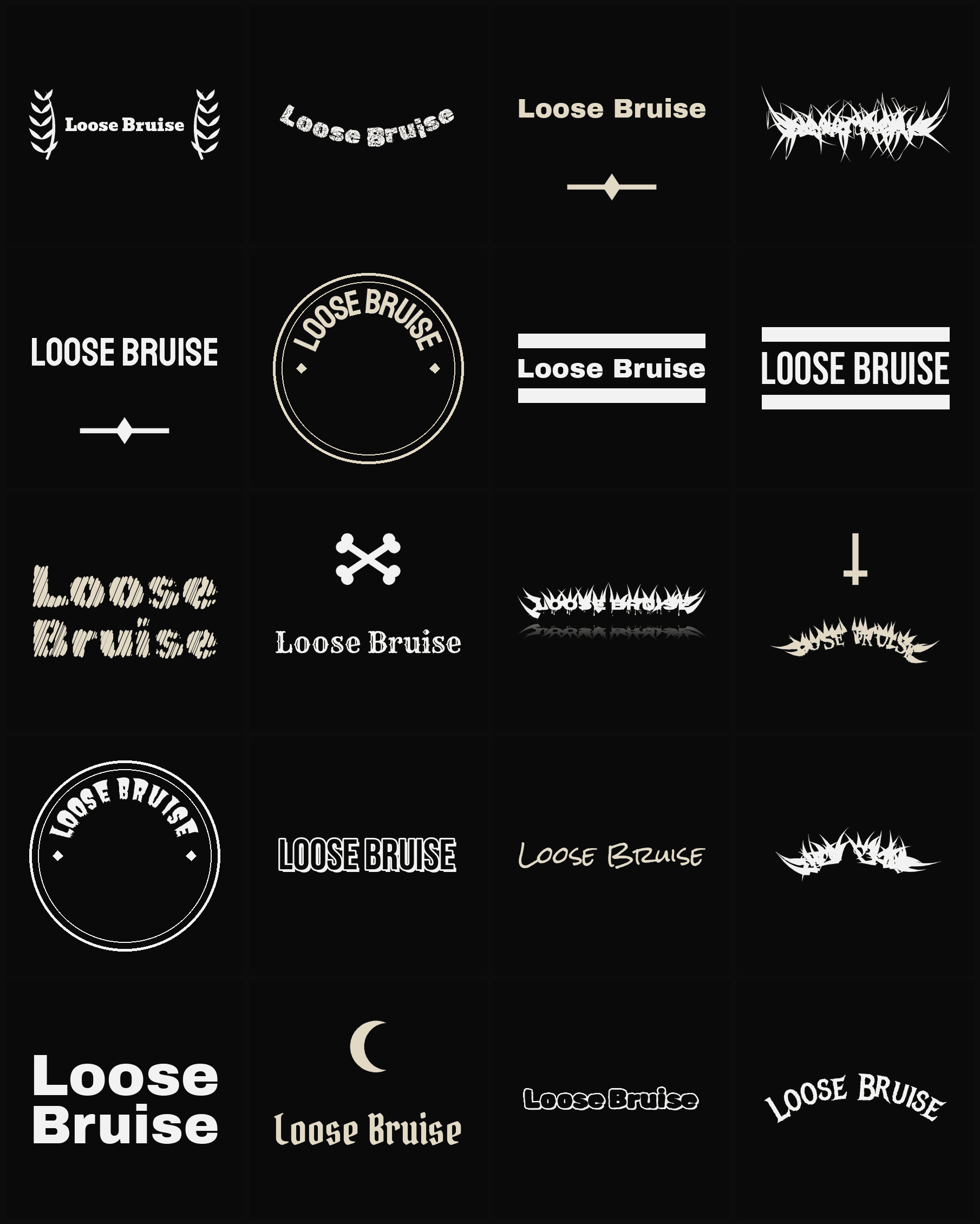 Twenty Loose Bruise band logo ideas — different faces, treatments and spike settings