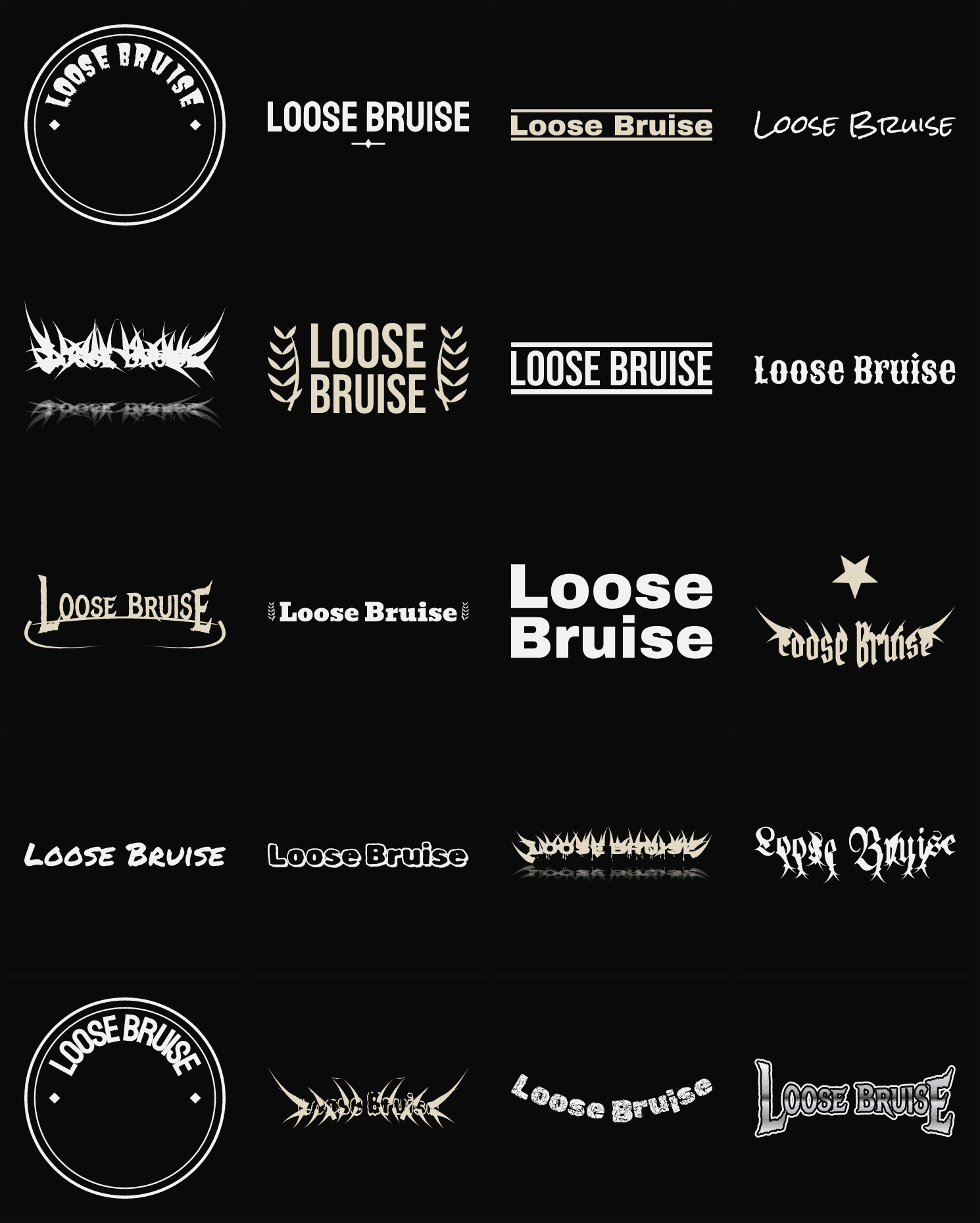 Twenty Loose Bruise band logo ideas — different faces, treatments and spike settings