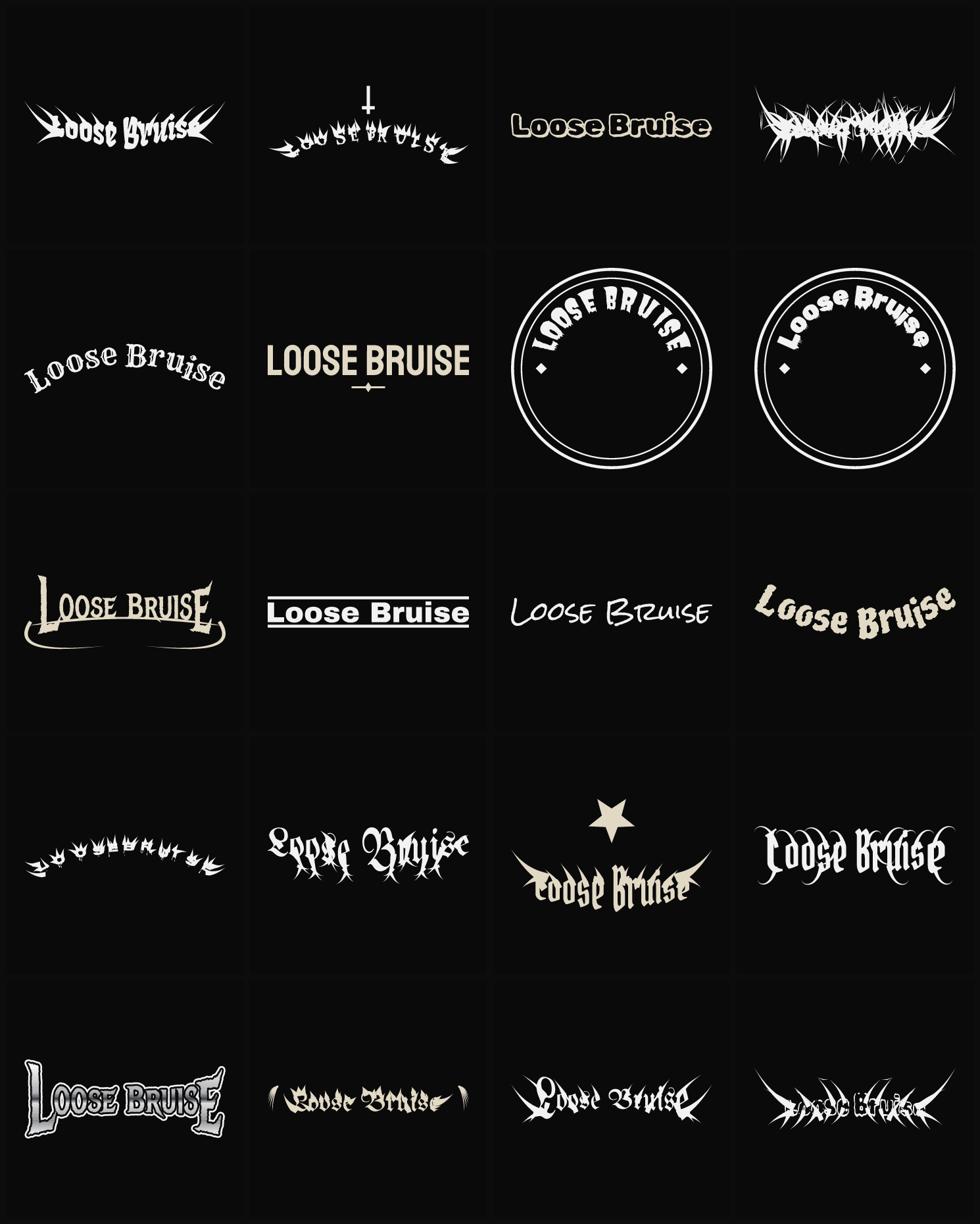 Twenty Loose Bruise band logo ideas — different faces, treatments and spike settings