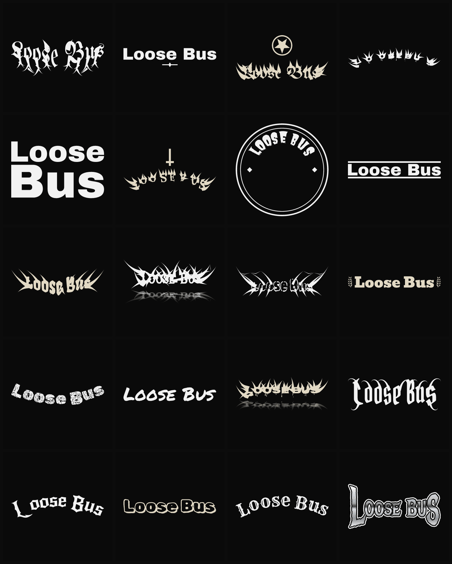 Twenty Loose Bus band logo ideas — different faces, treatments and spike settings