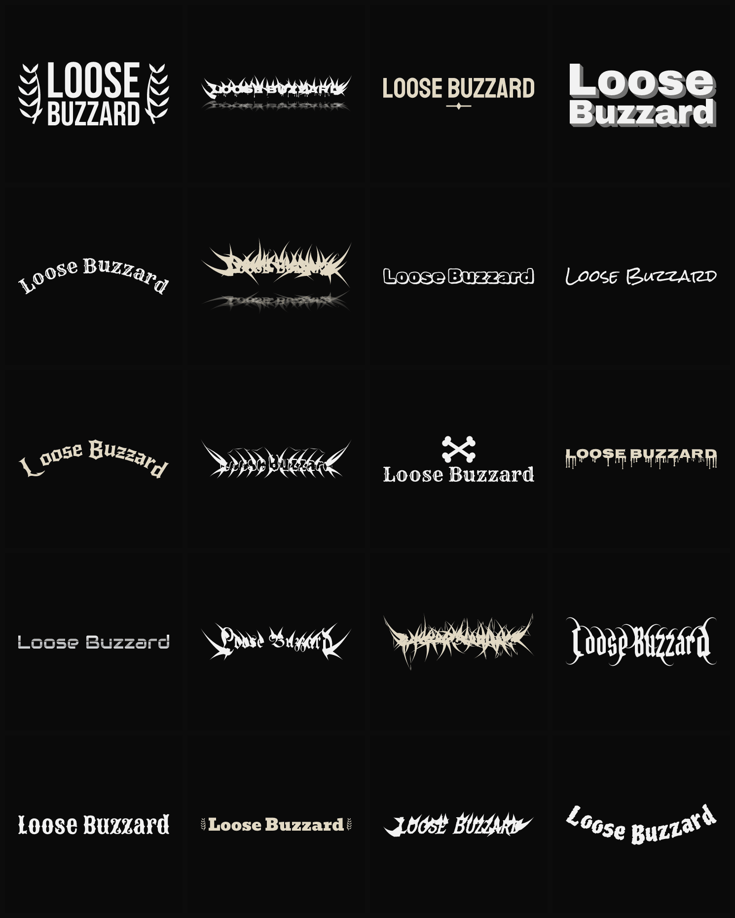 Twenty Loose Buzzard band logo ideas — different faces, treatments and spike settings