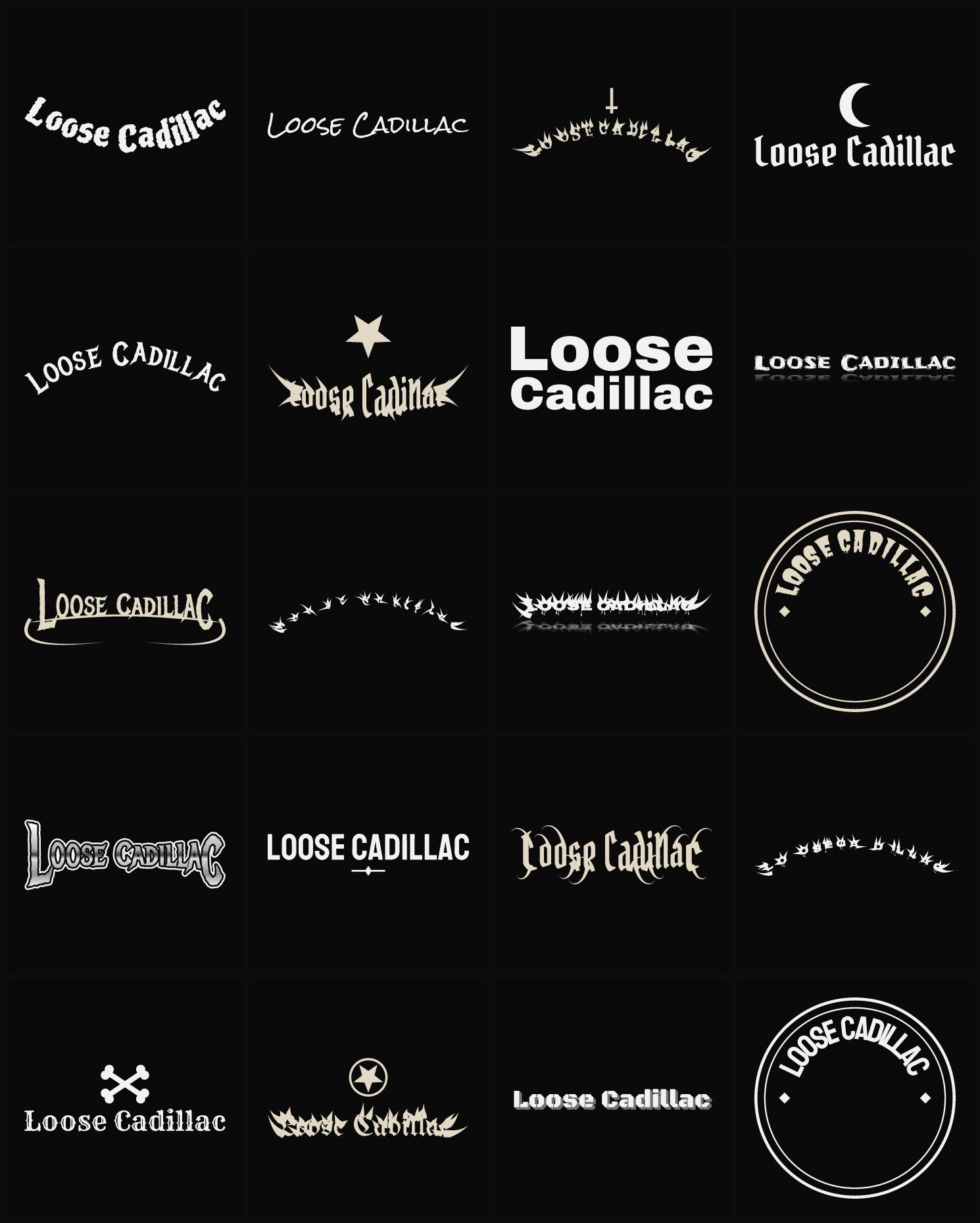 Twenty Loose Cadillac band logo ideas — different faces, treatments and spike settings