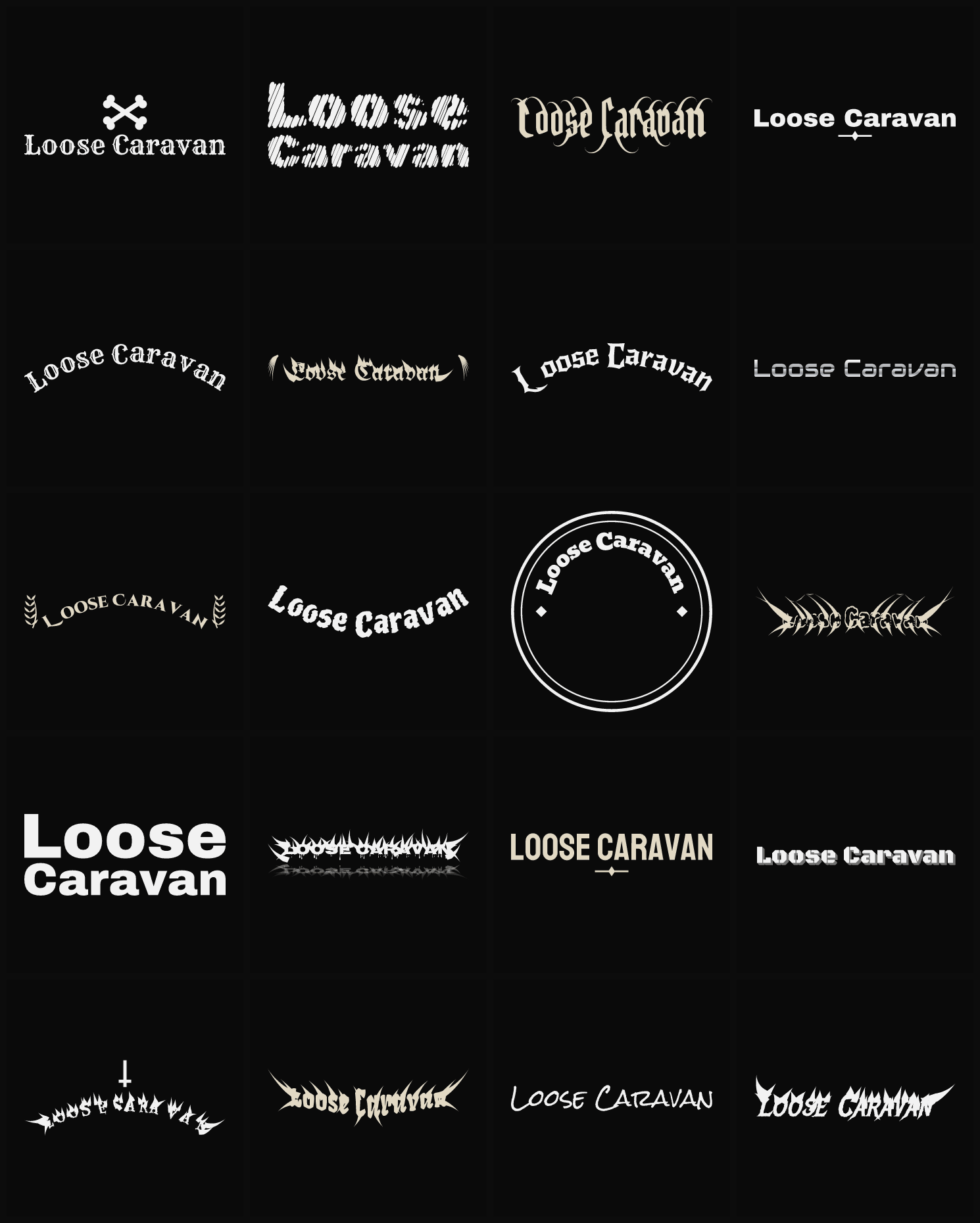 Twenty Loose Caravan band logo ideas — different faces, treatments and spike settings