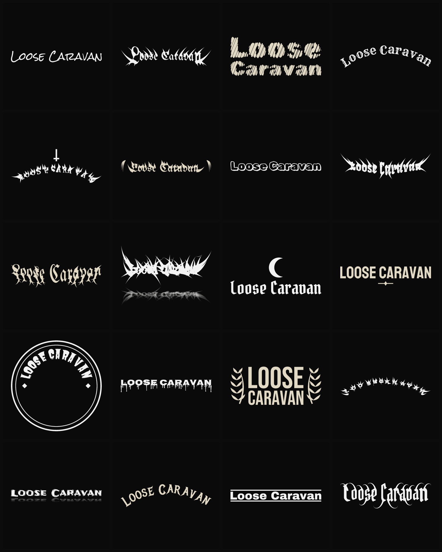Twenty Loose Caravan band logo ideas — different faces, treatments and spike settings