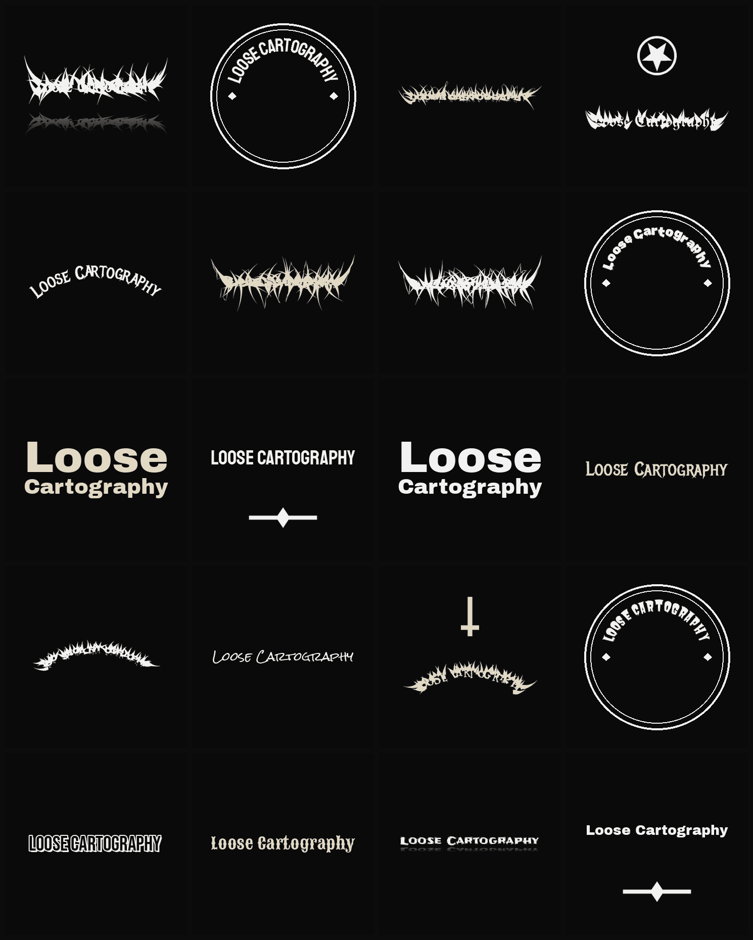 Twenty Loose Cartography band logo ideas — different faces, treatments and spike settings