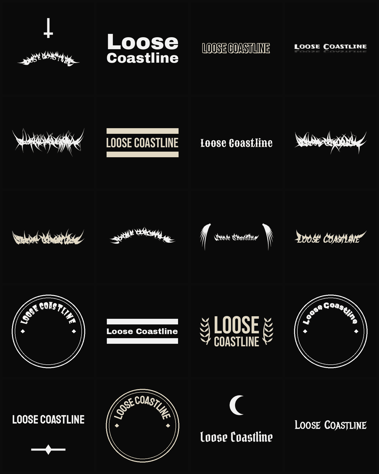Twenty Loose Coastline band logo ideas — different faces, treatments and spike settings