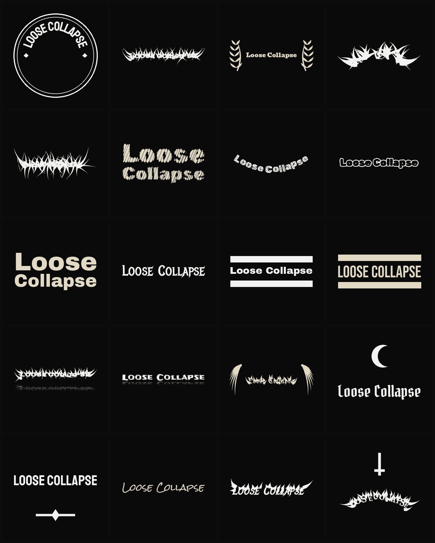 Twenty Loose Collapse band logo ideas — different faces, treatments and spike settings