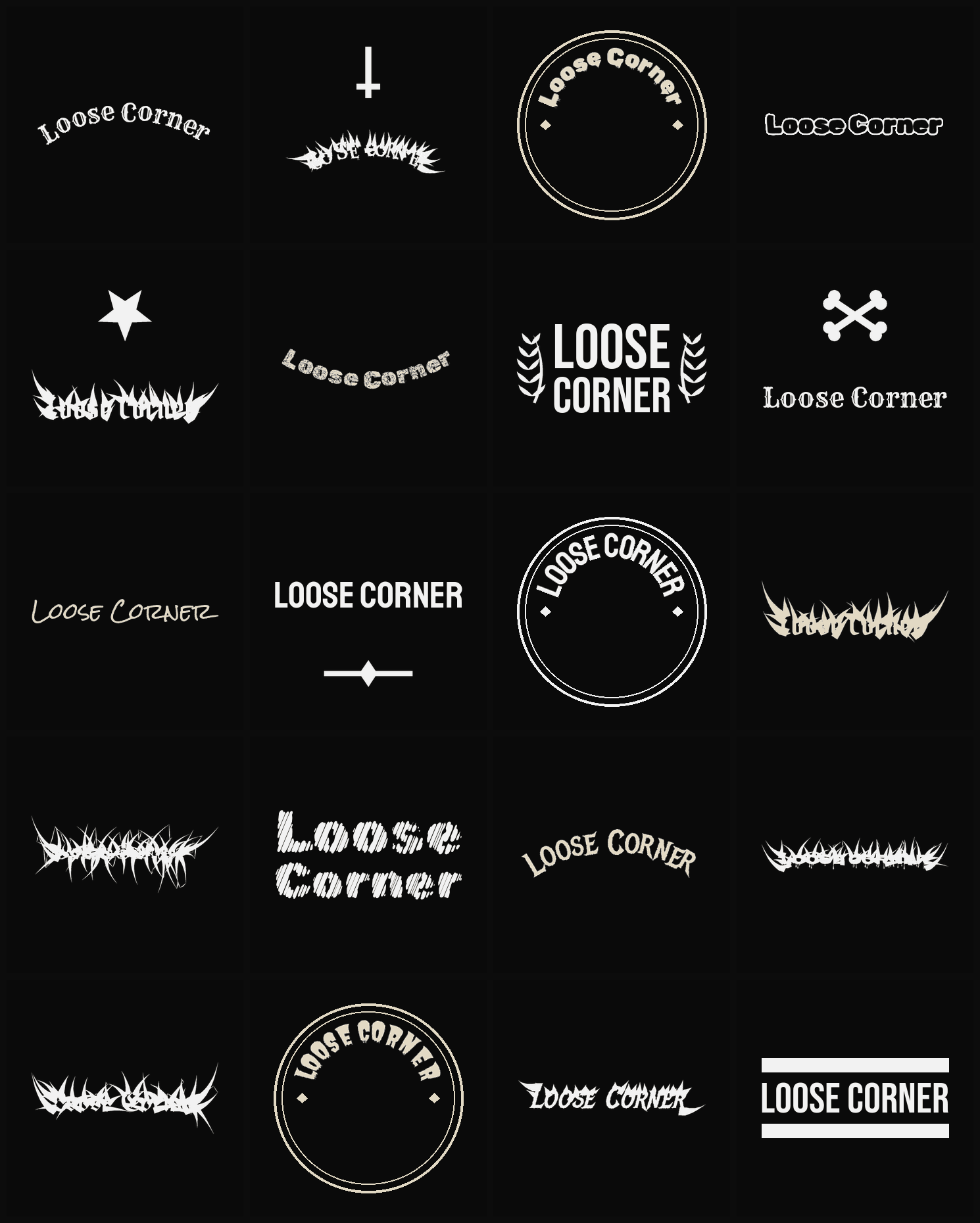 Twenty Loose Corner band logo ideas — different faces, treatments and spike settings