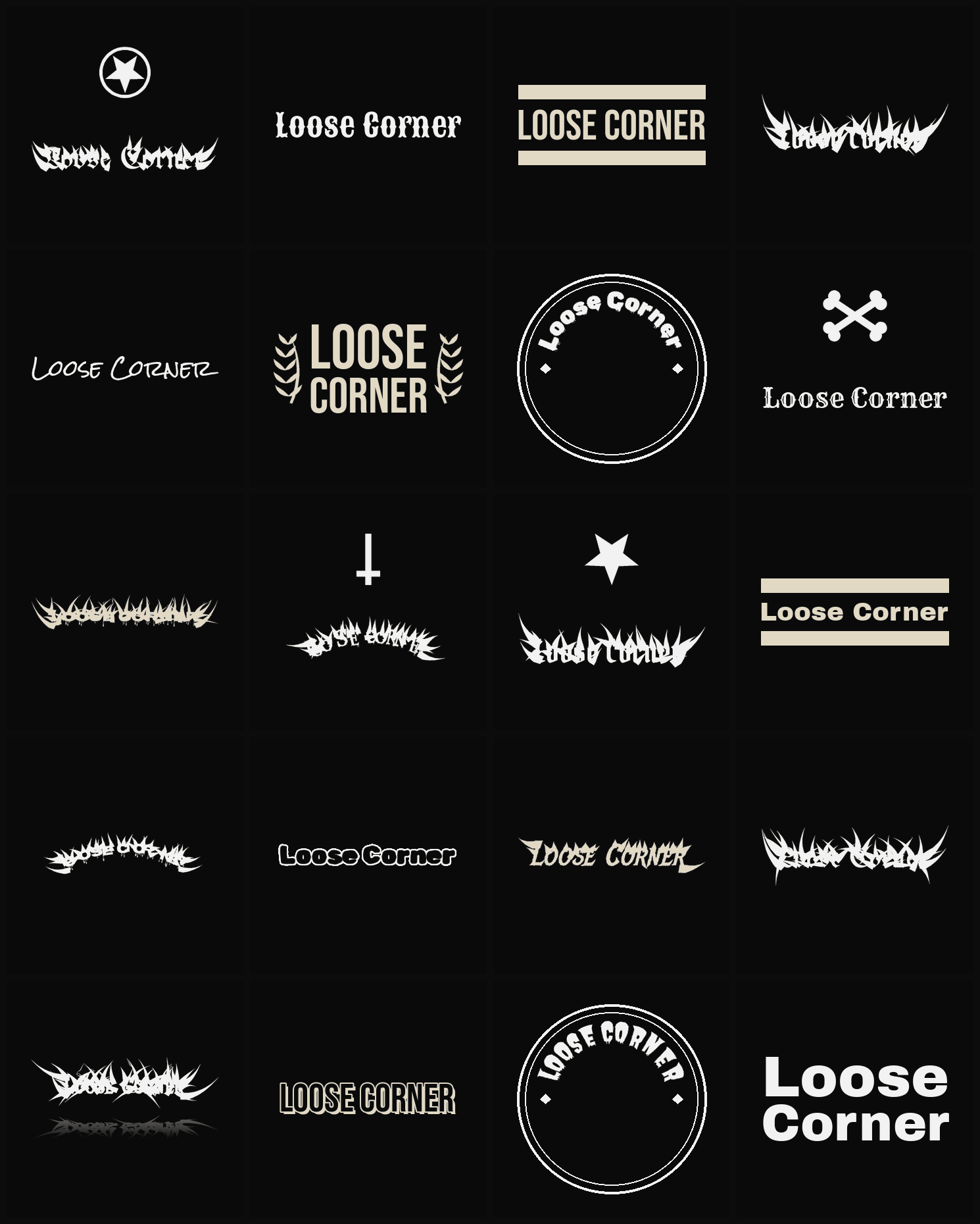 Twenty Loose Corner band logo ideas — different faces, treatments and spike settings