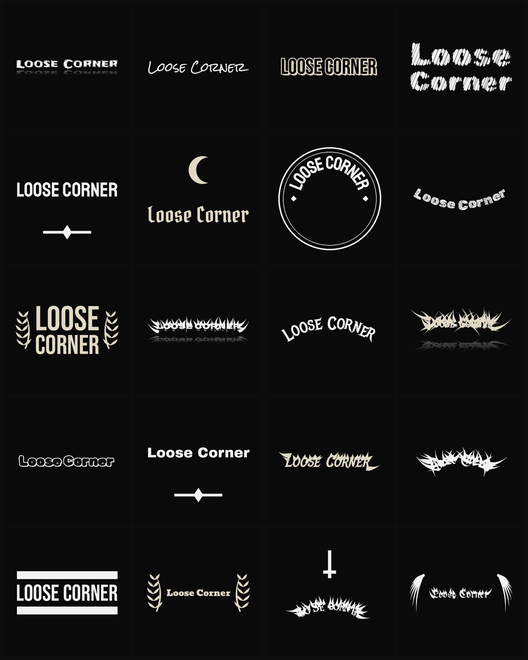 Twenty Loose Corner band logo ideas — different faces, treatments and spike settings