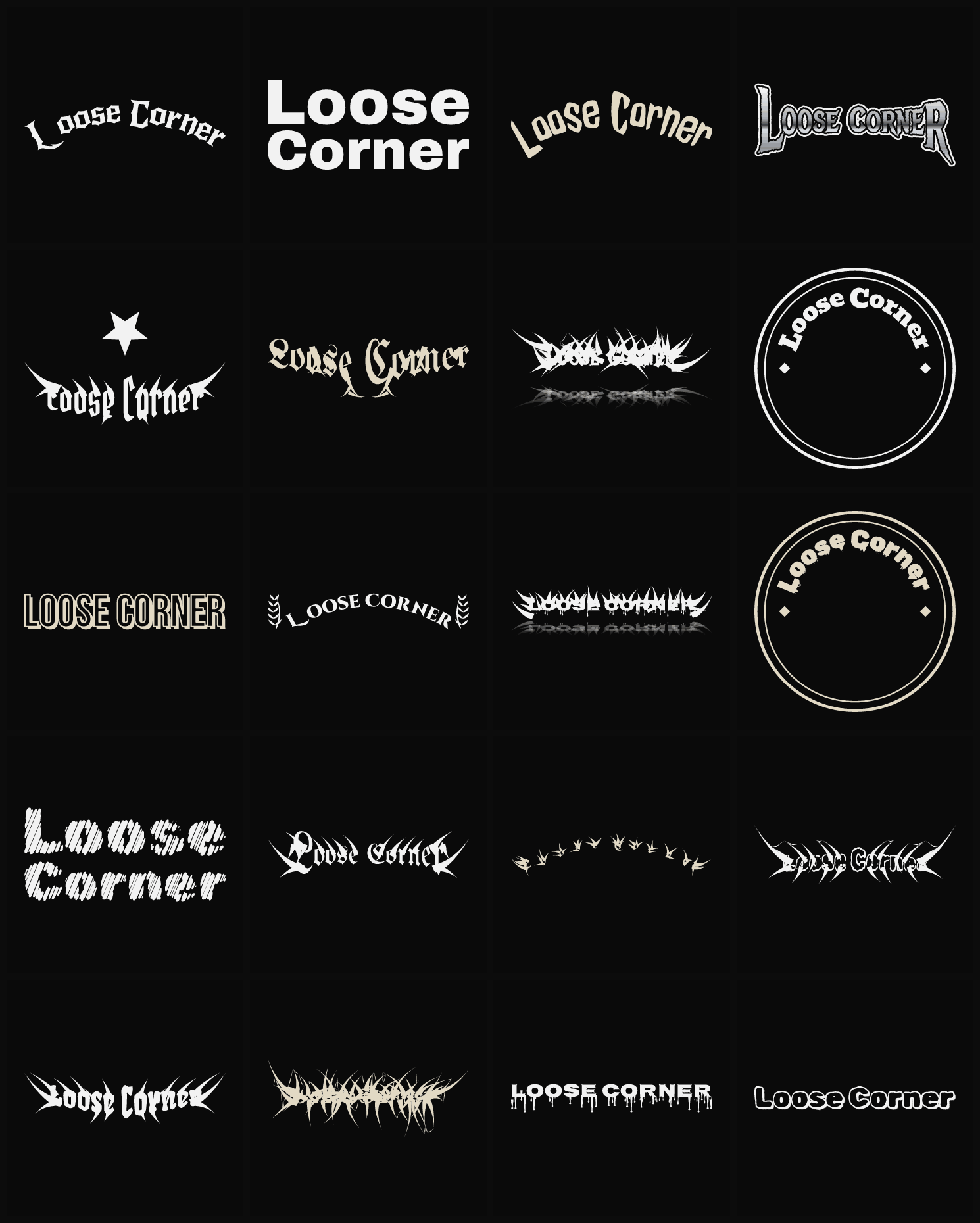 Twenty Loose Corner band logo ideas — different faces, treatments and spike settings