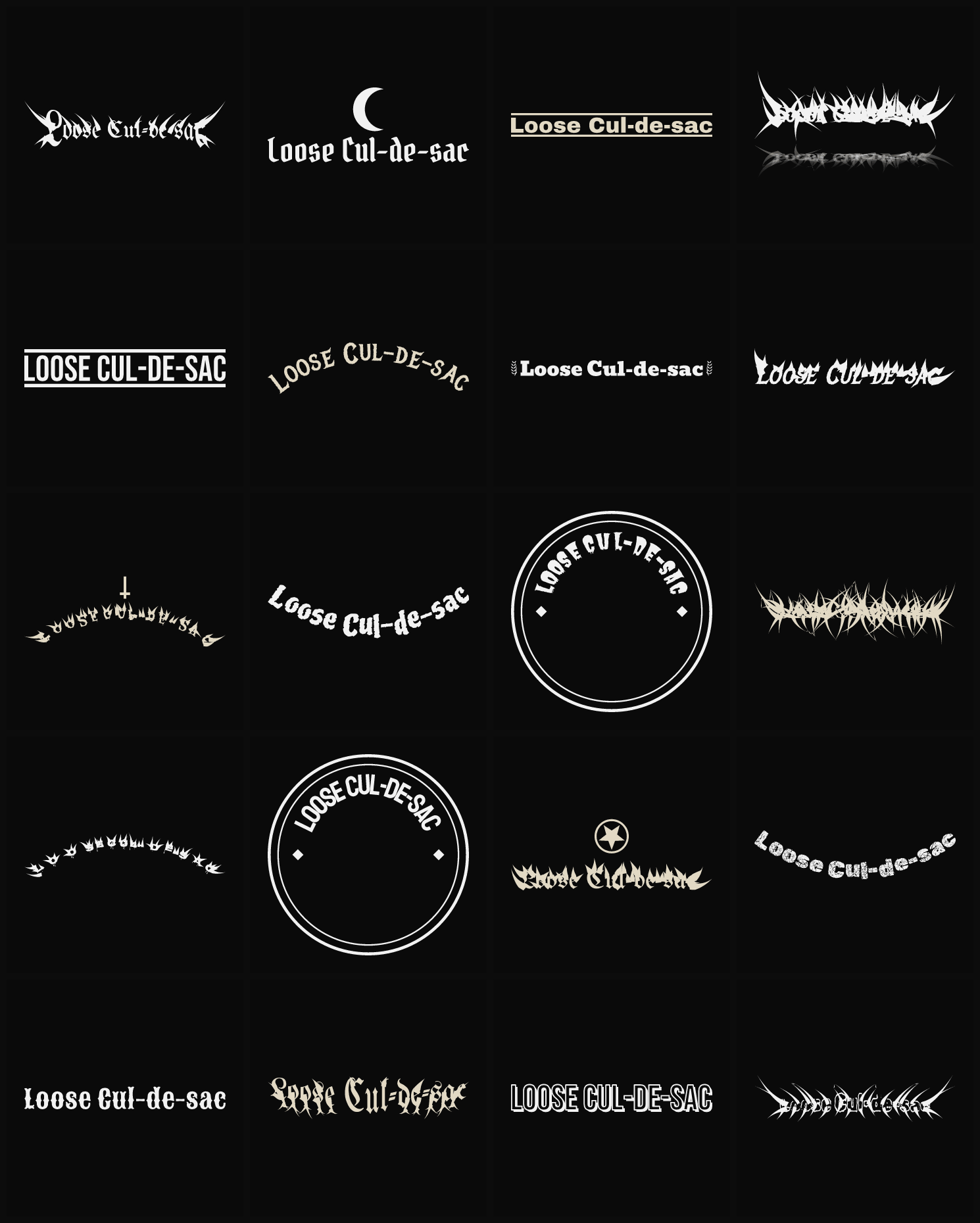 Twenty Loose Cul-de-sac band logo ideas — different faces, treatments and spike settings