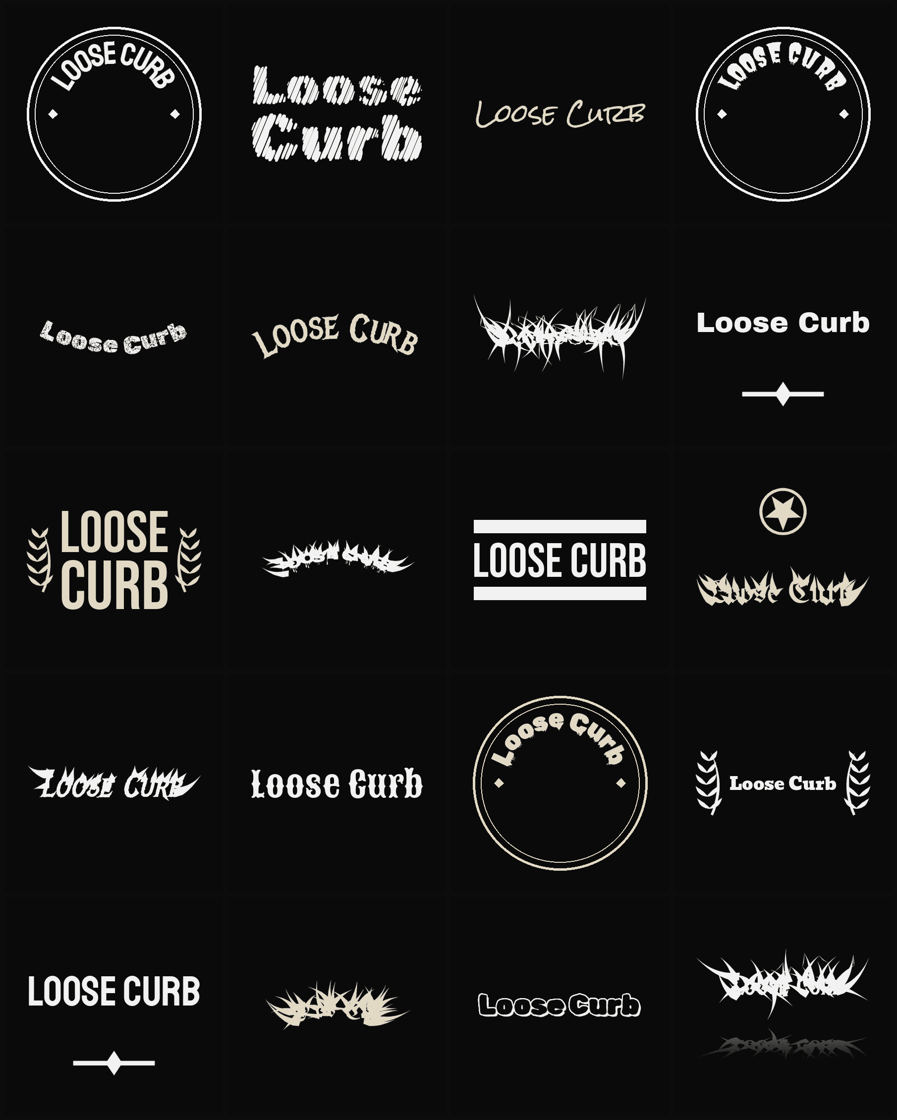 Twenty Loose Curb band logo ideas — different faces, treatments and spike settings