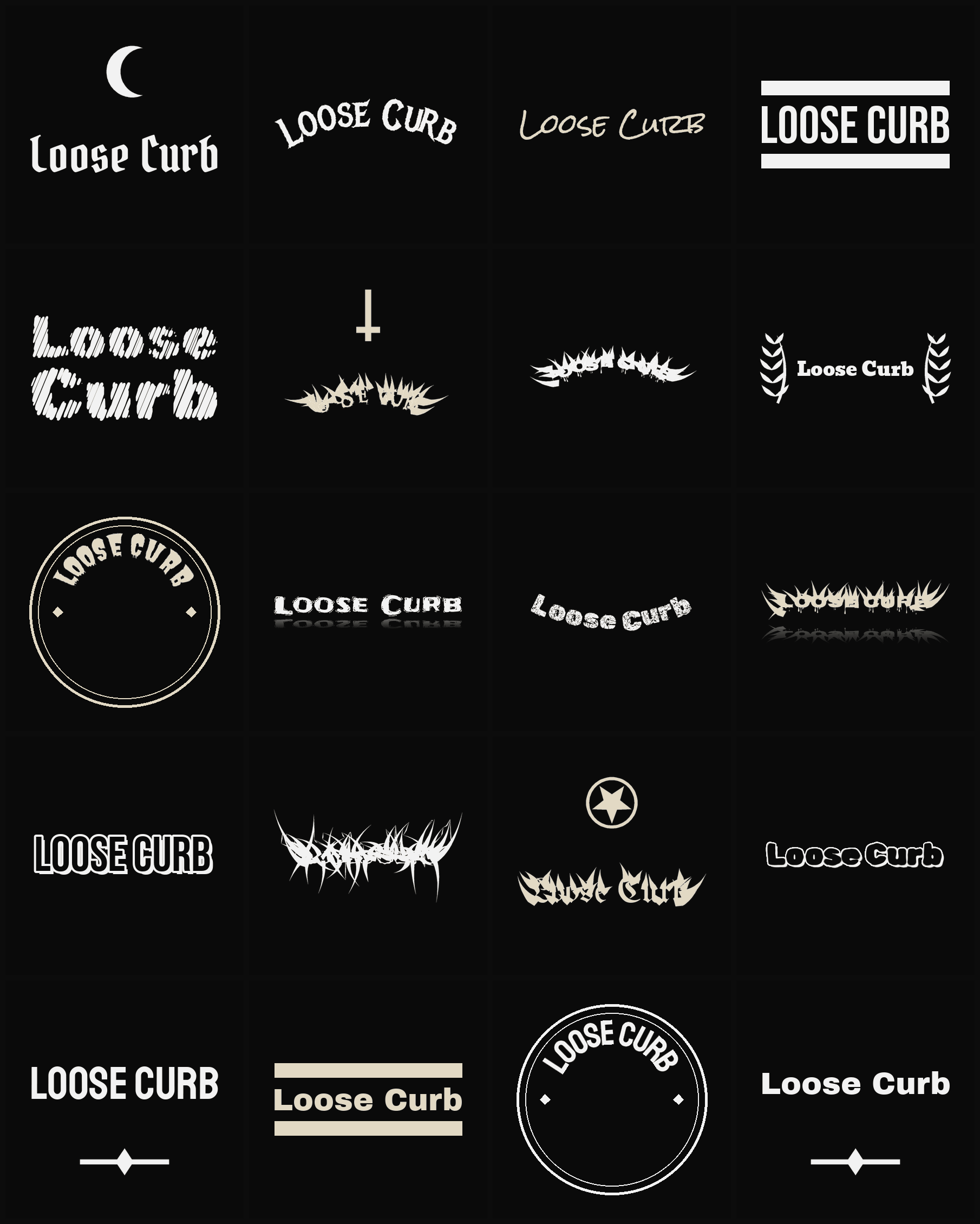 Twenty Loose Curb band logo ideas — different faces, treatments and spike settings