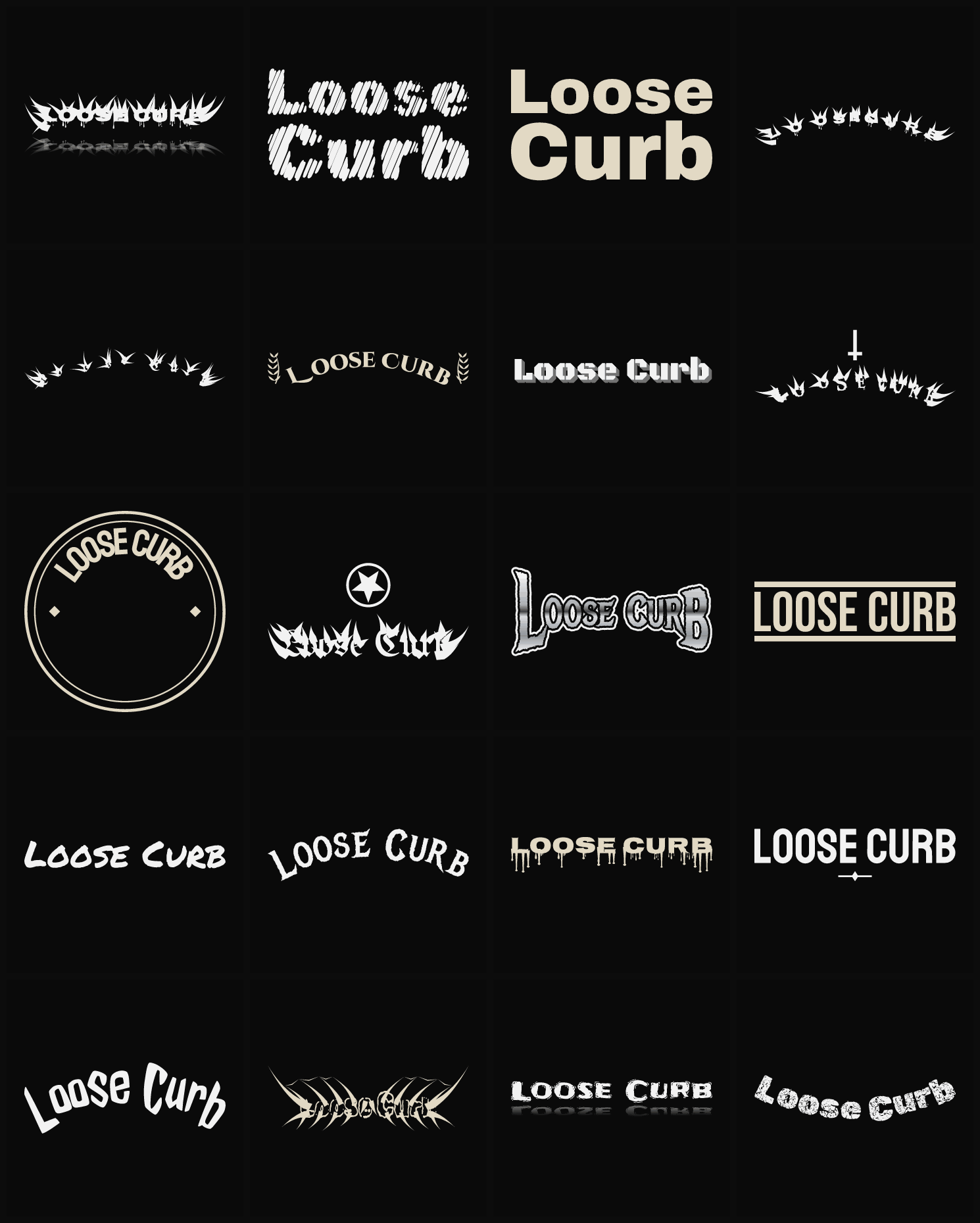 Twenty Loose Curb band logo ideas — different faces, treatments and spike settings