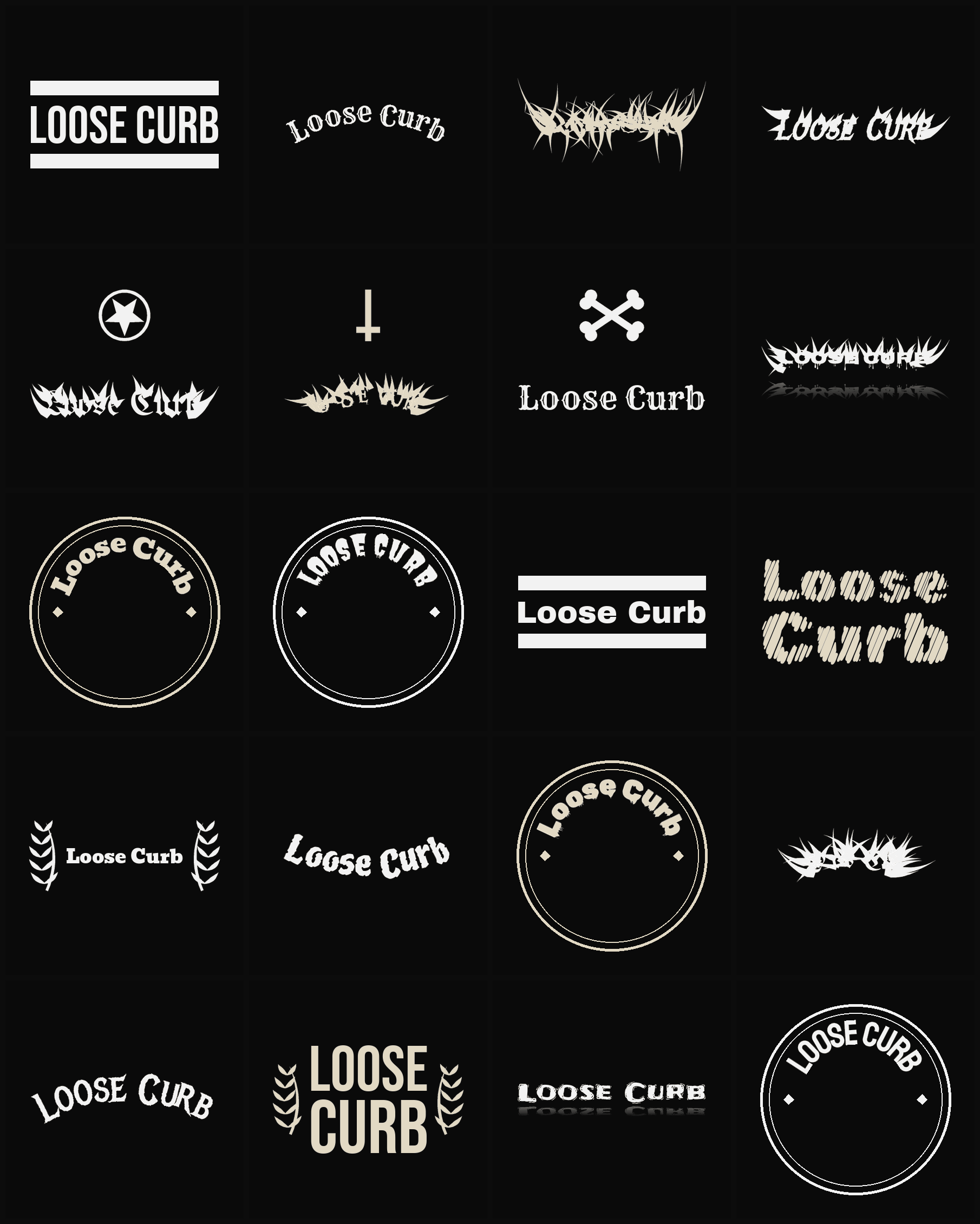 Twenty Loose Curb band logo ideas — different faces, treatments and spike settings